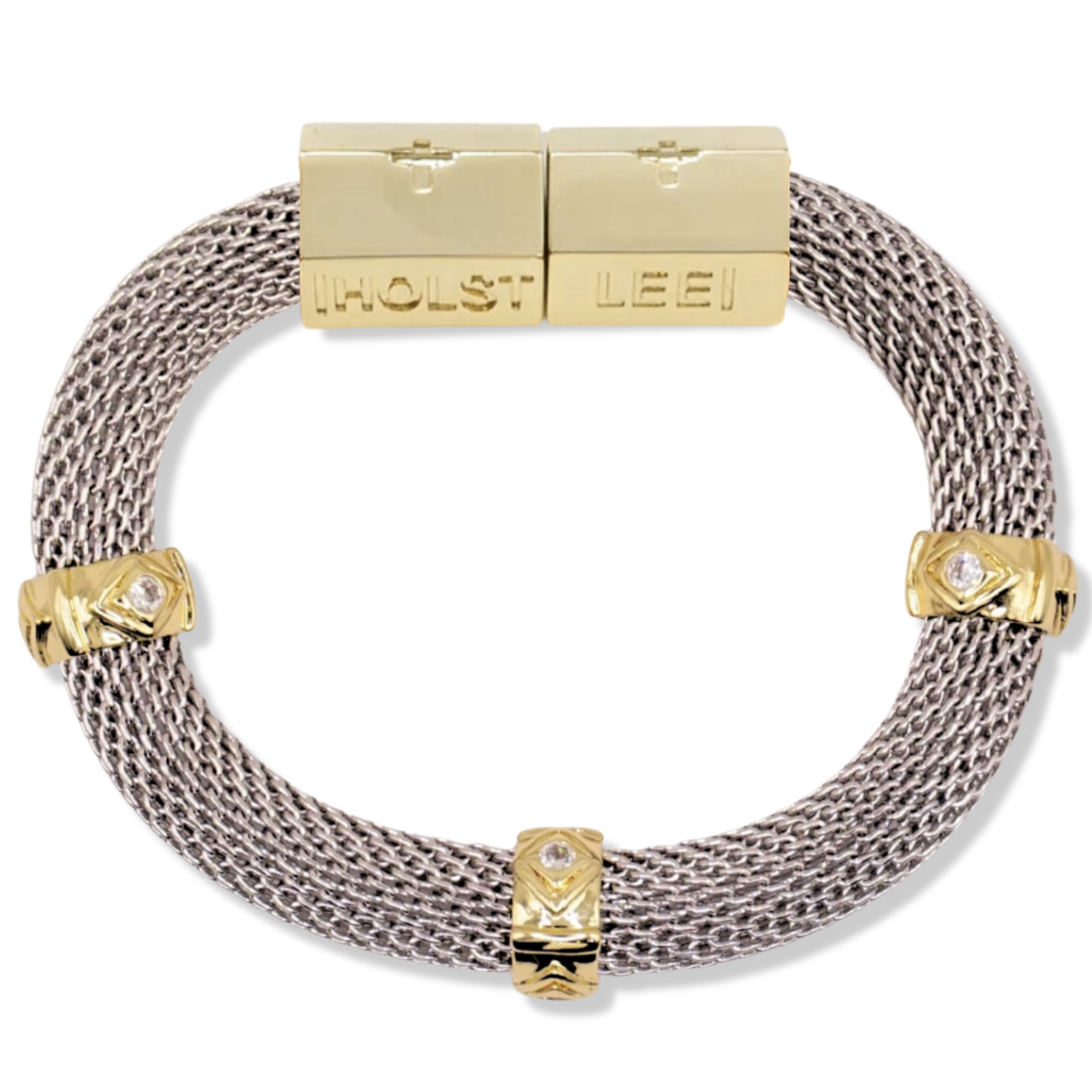 Gold woven mesh bracelet with 18K gold-filled magnetic clasp and gold evil eye ferrule accents by HOLST+LEE