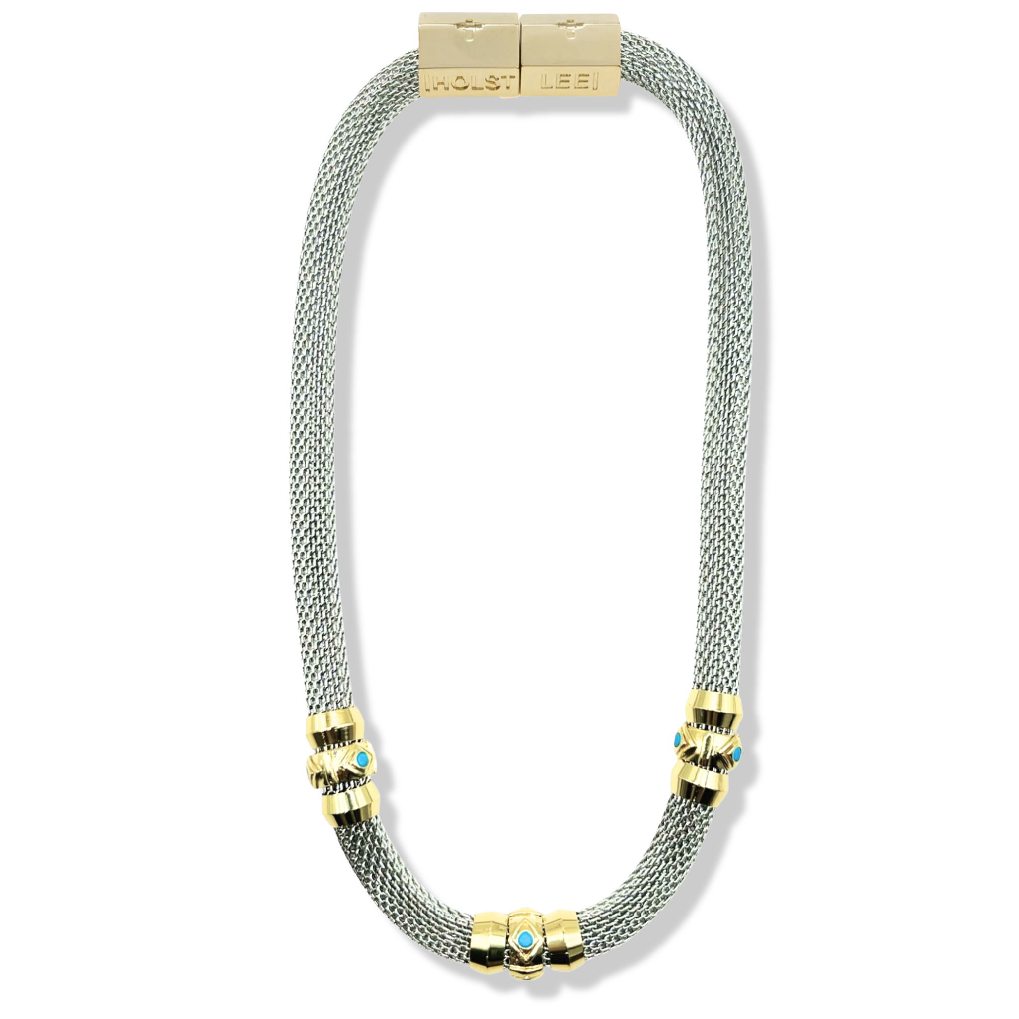 Silver woven mesh necklace with gold evil eye ferrule accents and gold magnetic clasped necklace by HOLST+LEE