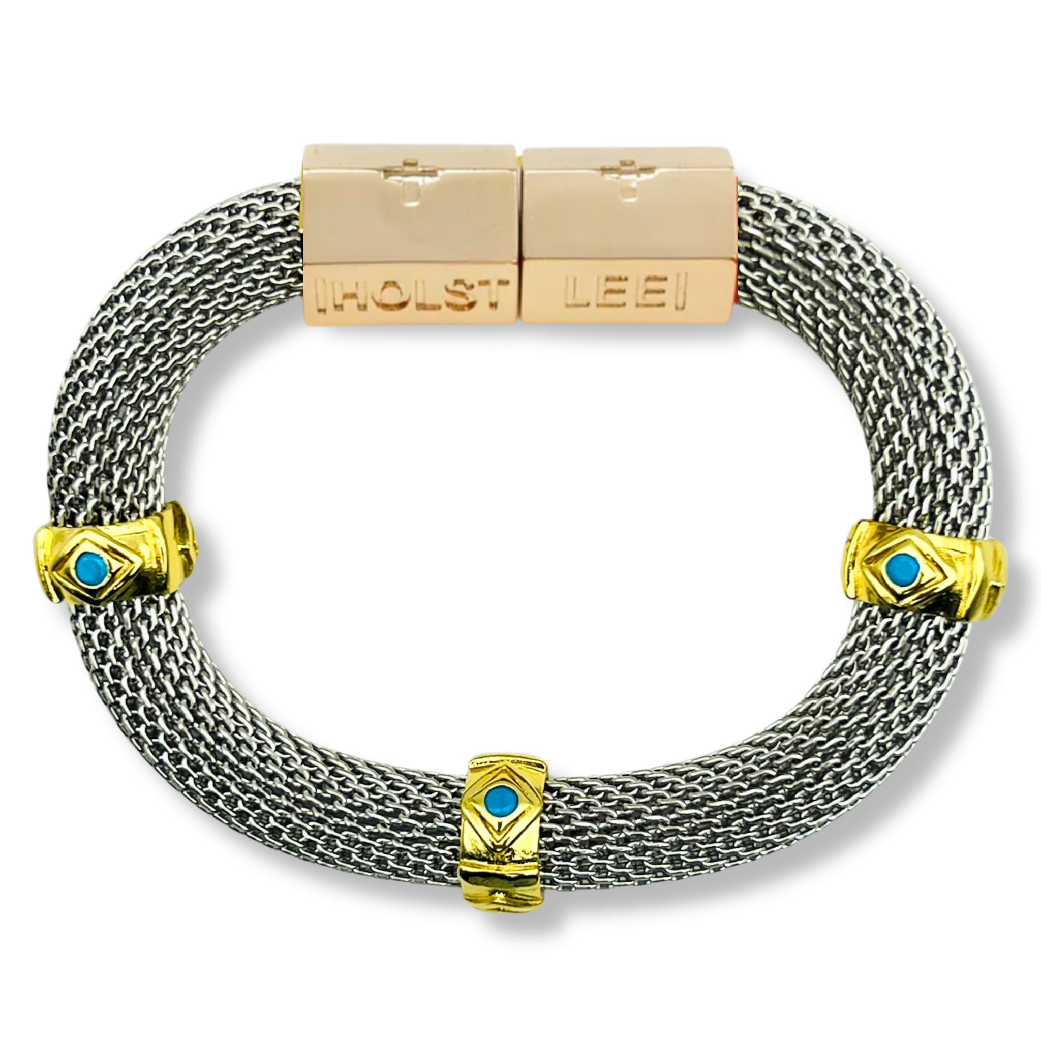 Silver woven mesh bracelet with 18K gold-filled magnetic clasped bracelet and pavé crystal ferrules by HOLST+LEE