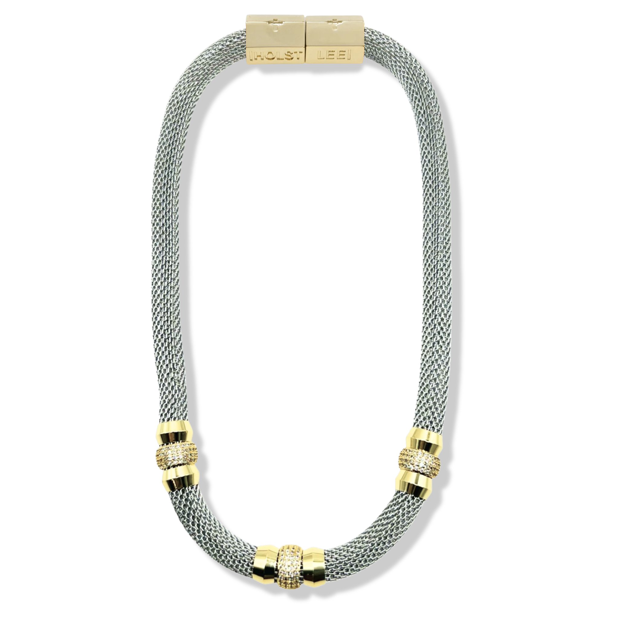 Silver woven mesh necklace with pavé crystal ferrule stack and gold magnetic clasped necklace by HOLST+LEE