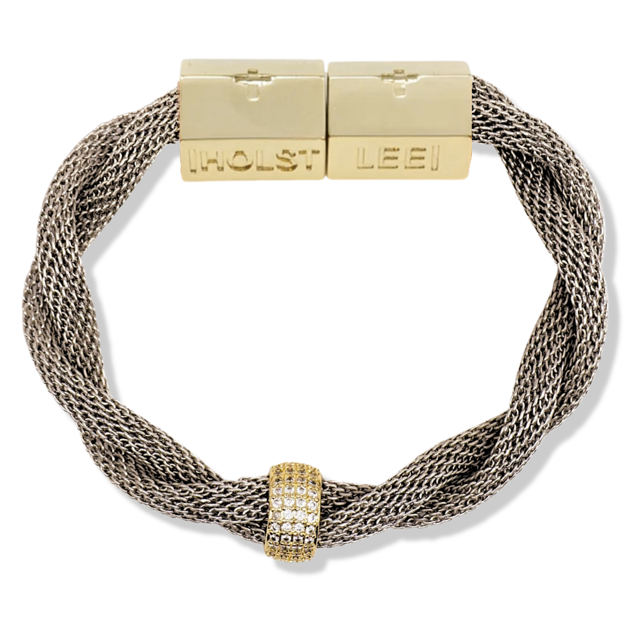 Silver twisted mesh bracelet with pavé crystal ferrule accents and gold magnetic clasped bracelet by HOLST+LEE