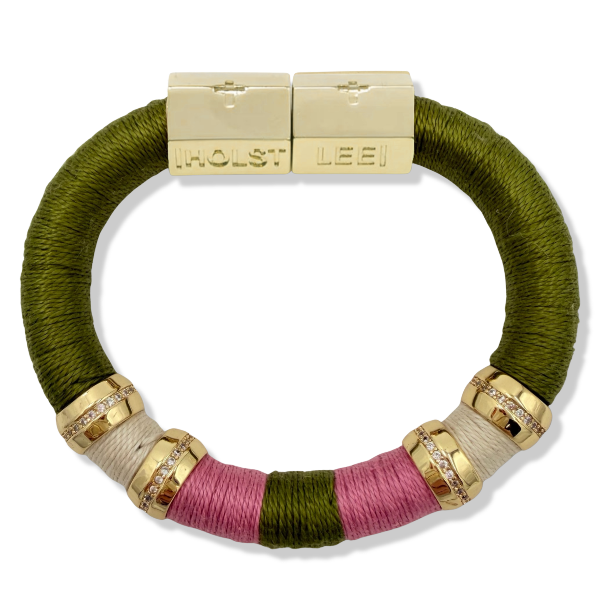 Green, cream, and pink thread wrapped bracelet with gold magnetic clasped bracelet and pavé crystal ferrules by HOLST+LEE 