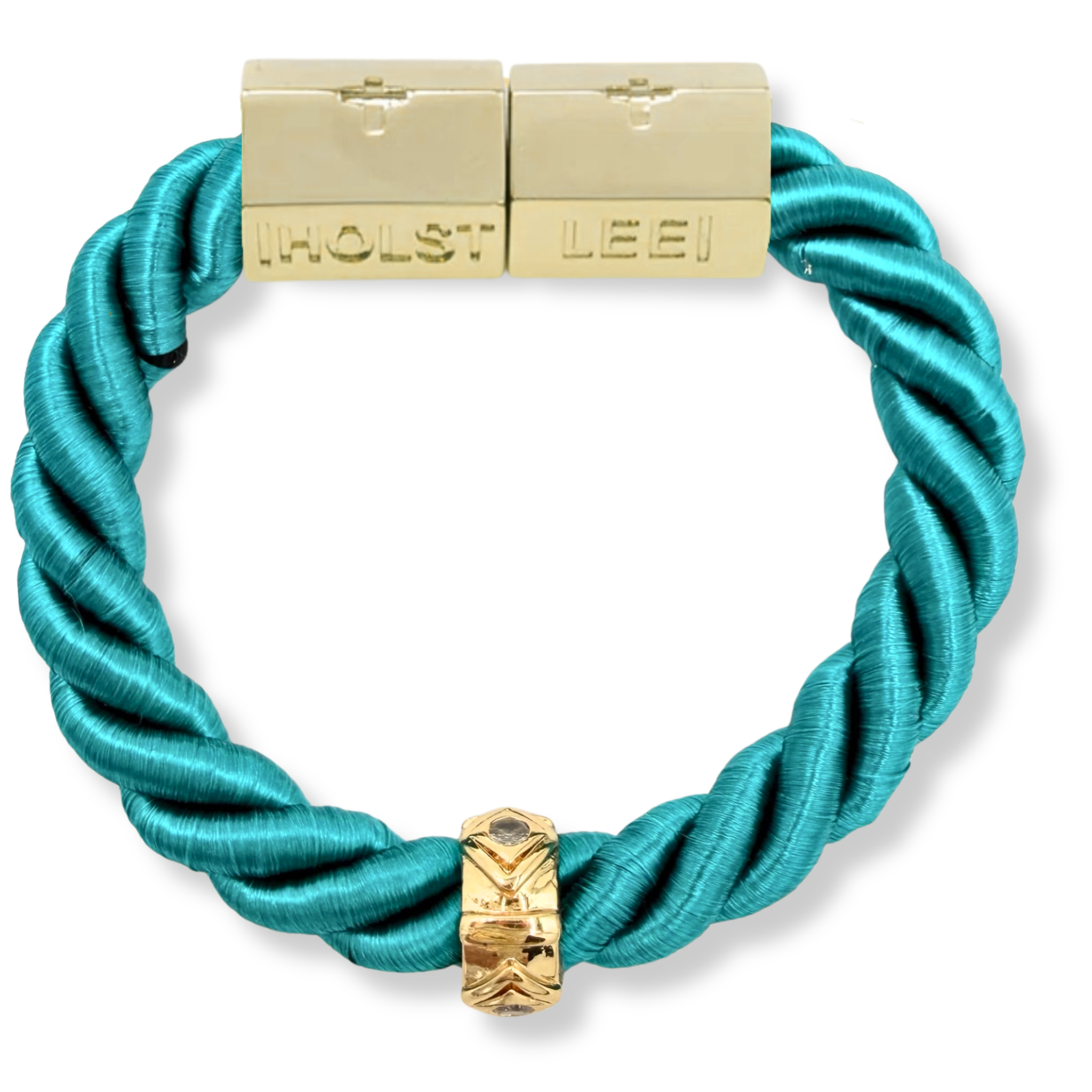 Teal twisted rope bracelet with 18K gold-filled magnetic clasped bracelet and pavé crystal ferrules by HOLST+LEE