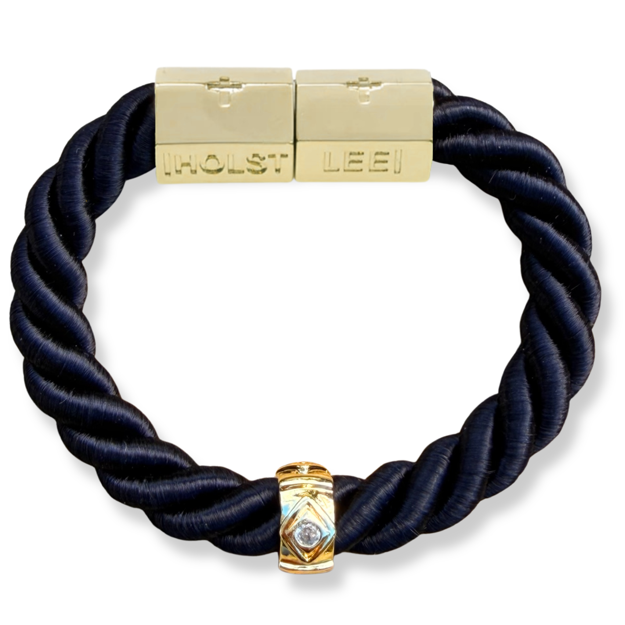 Black twisted rope bracelet with 18K gold-filled magnetic clasped bracelet and pavé crystal ferrules by HOLST+LEE