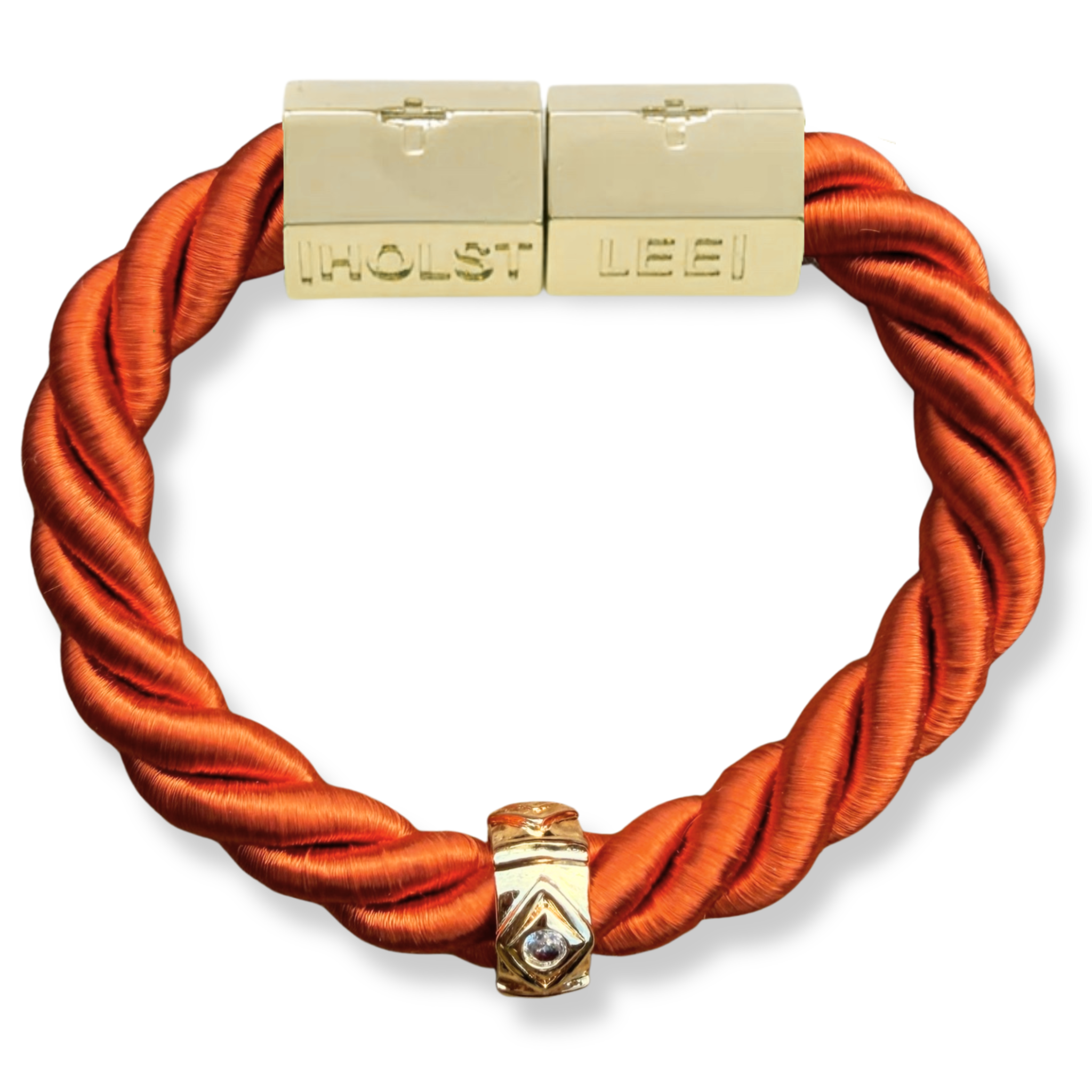 Orange twisted rope bracelet with 18K gold-filled magnetic clasped bracelet and pavé crystal ferrules by HOLST+LEE