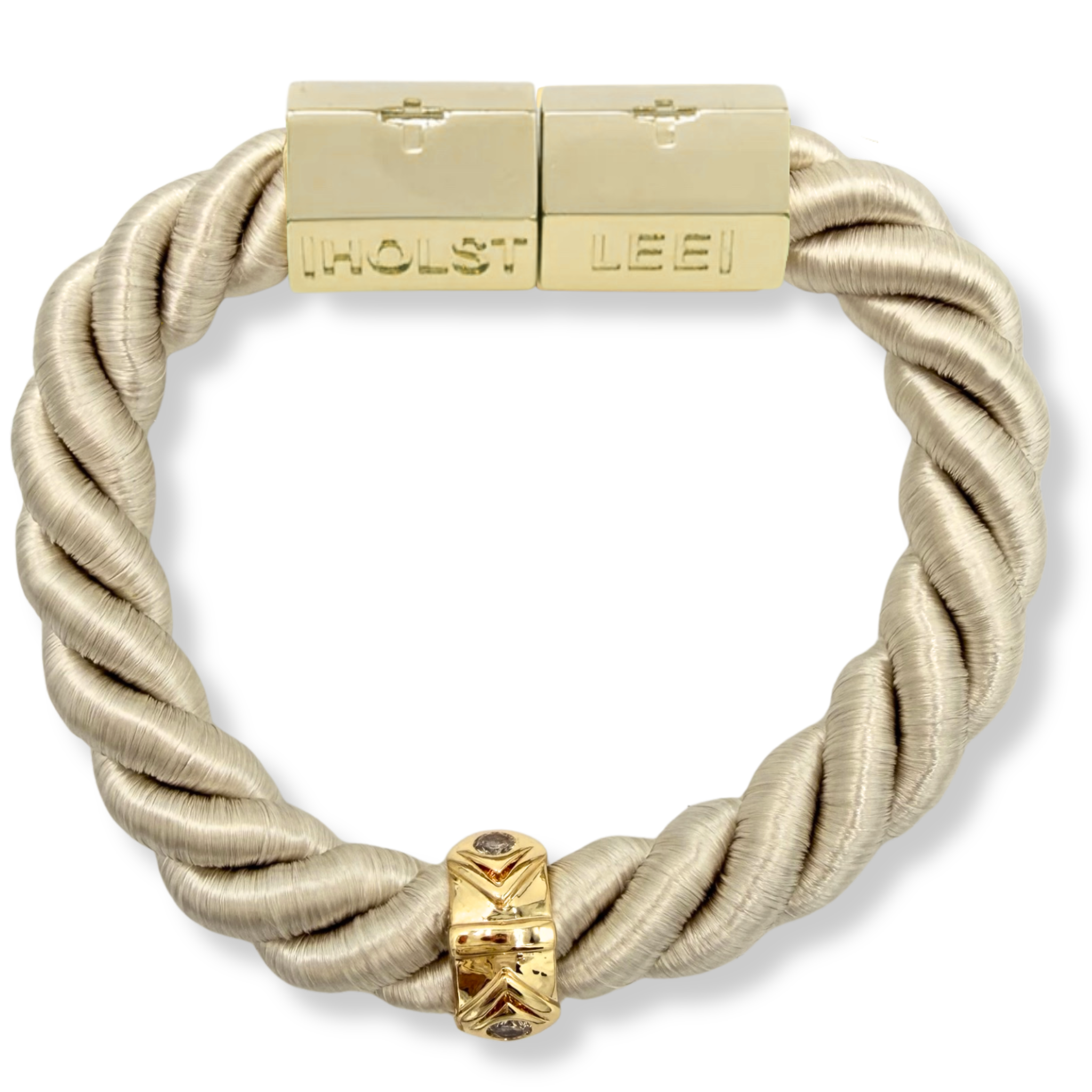 Cream twisted rope bracelet with 18K gold-filled magnetic clasped bracelet and pavé crystal ferrules by HOLST+LEE