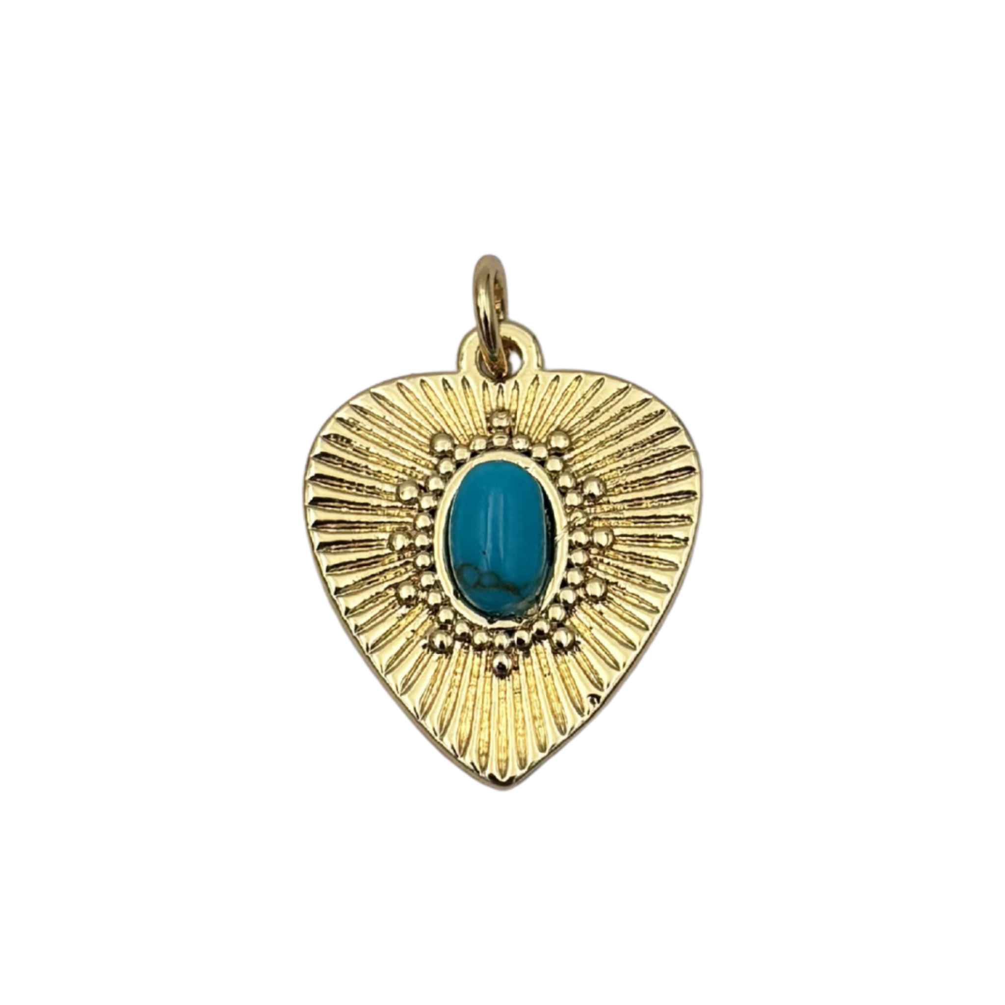 Gold vintage heart charm with sunburst engraved rays, beaded border, and oval turquoise stone center by HOLST+LEE