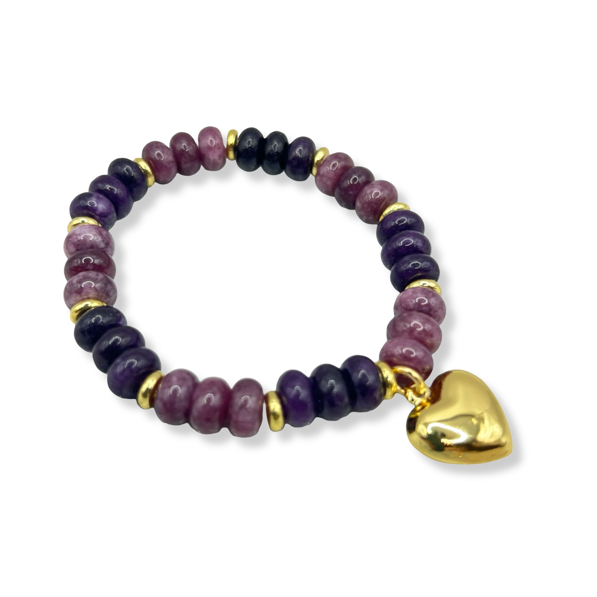 Purple gemstone beaded necklace with gold accents and gold heart charm by HOLST+LEE