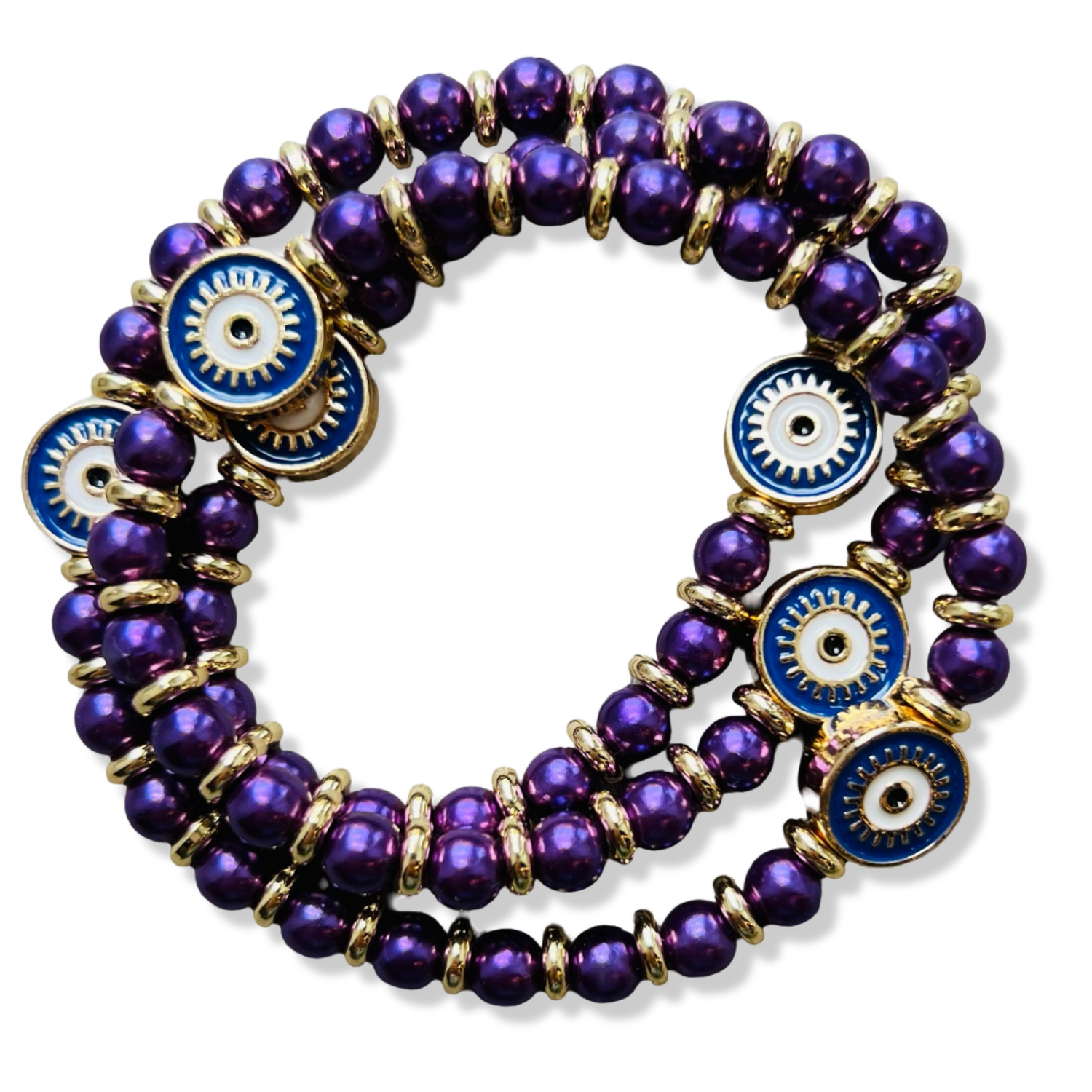 Wrap purple pearl and gold rondelle stretch bracelet with blue enamel evil eye charms by HOLST+LEE