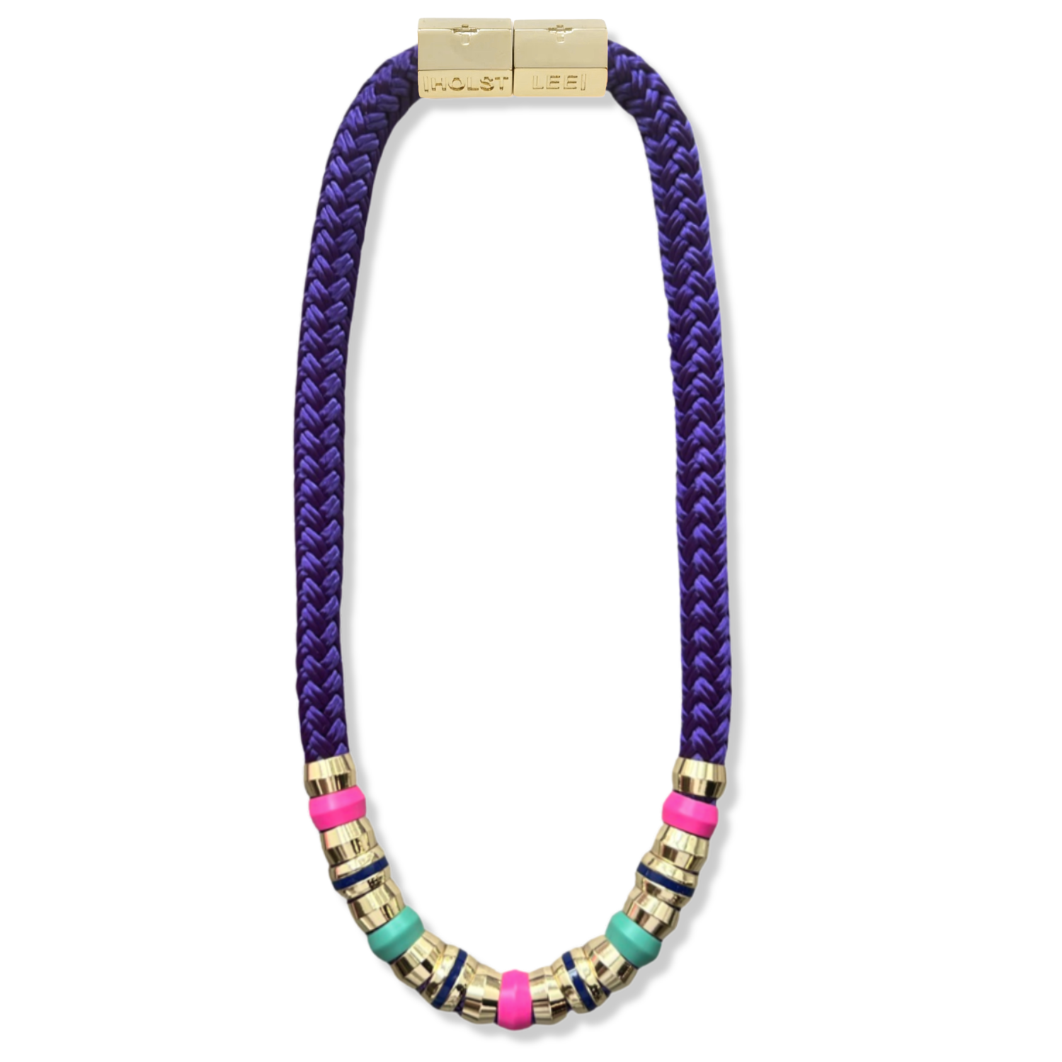 Purple braided rope necklace with multicolored enamel and gold ferrule stack and gold magnetic clasped necklace by HOLST+LEE