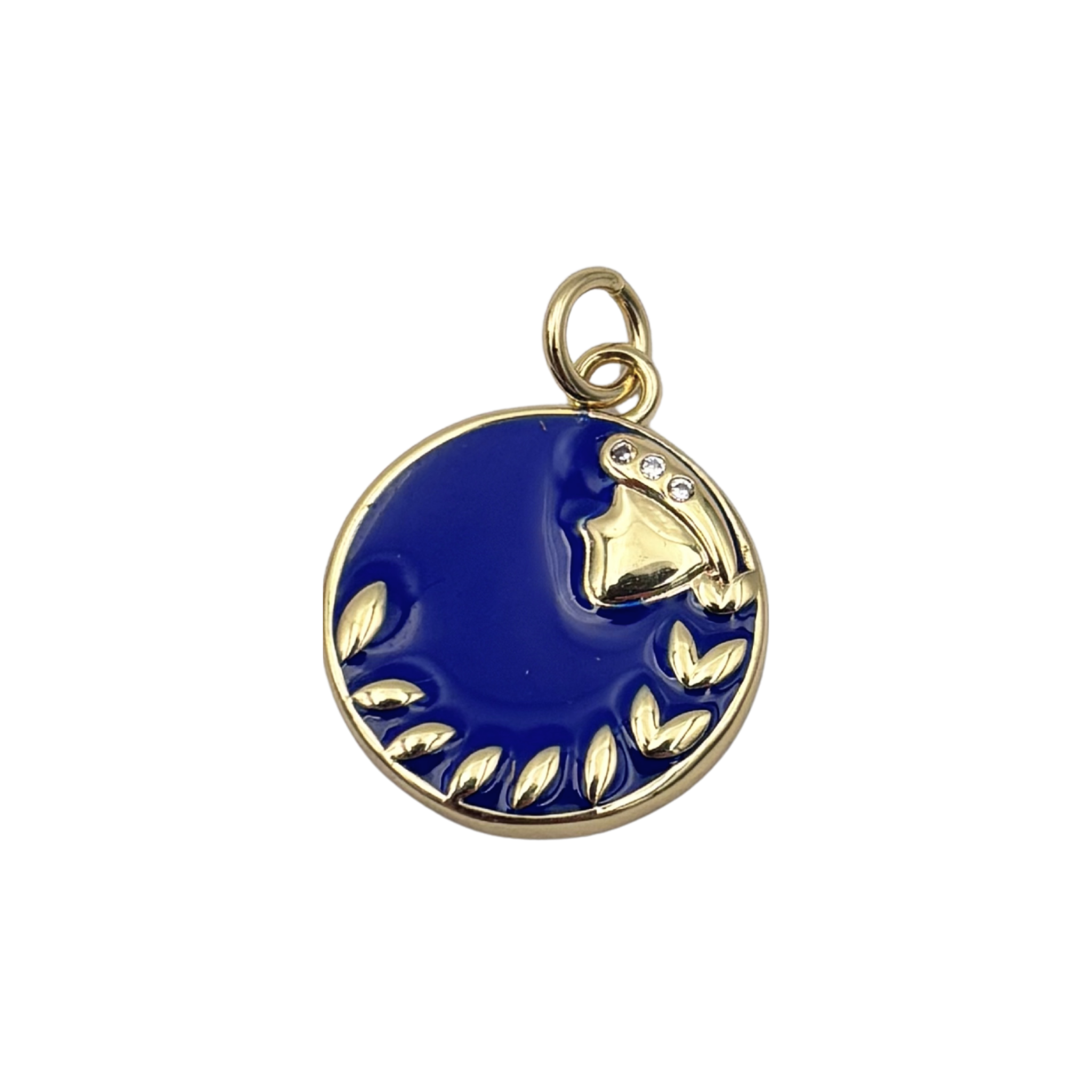 Virgo zodiac charm pendant with navy blue enamel disc, gold maiden figure, and crystal accent details by HOLST+LEE