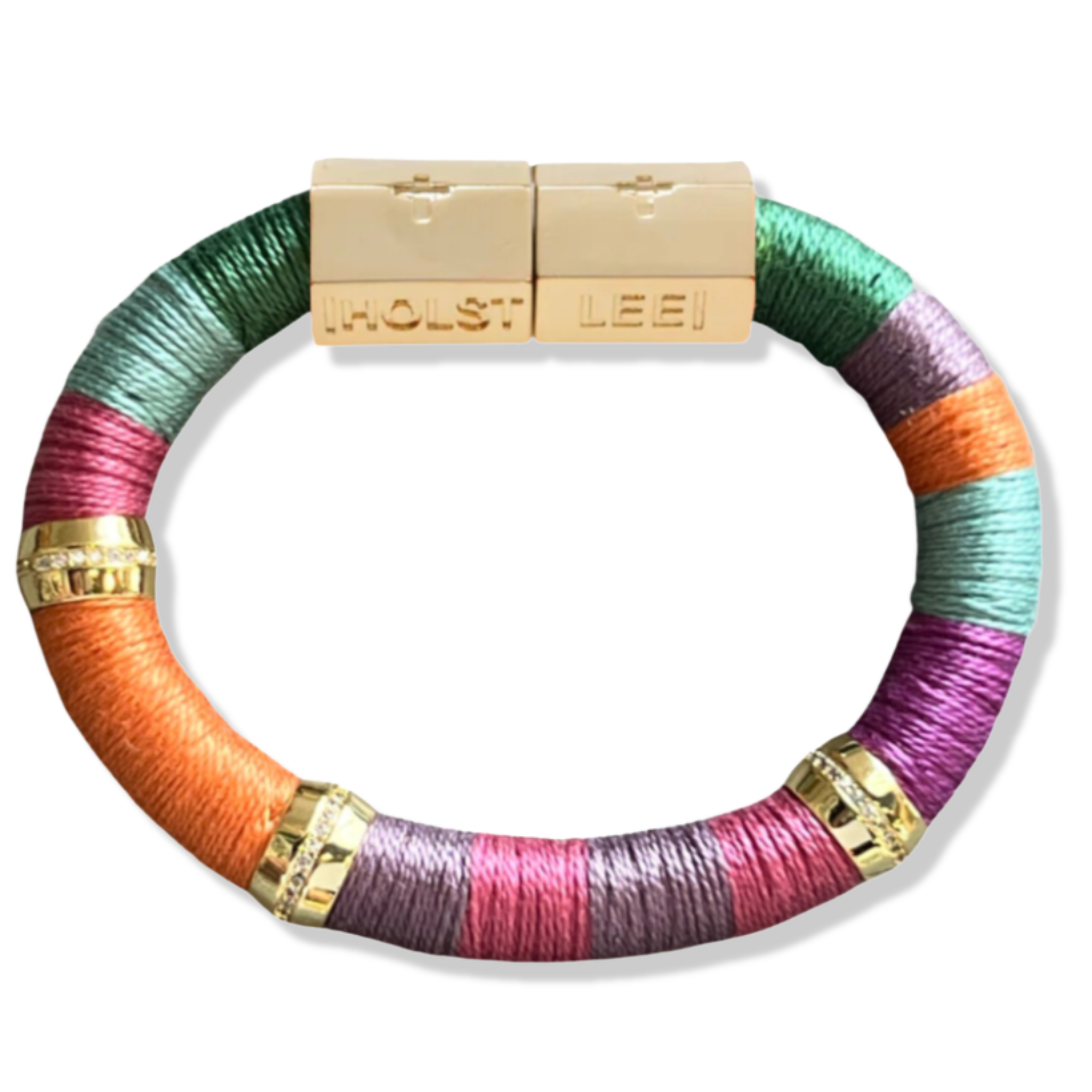 Pink, purple, green, blue, and orange thread wrapped bracelet with gold magnetic clasped bracelet and pavé crystal ferrule accents by HOLST+LEE 