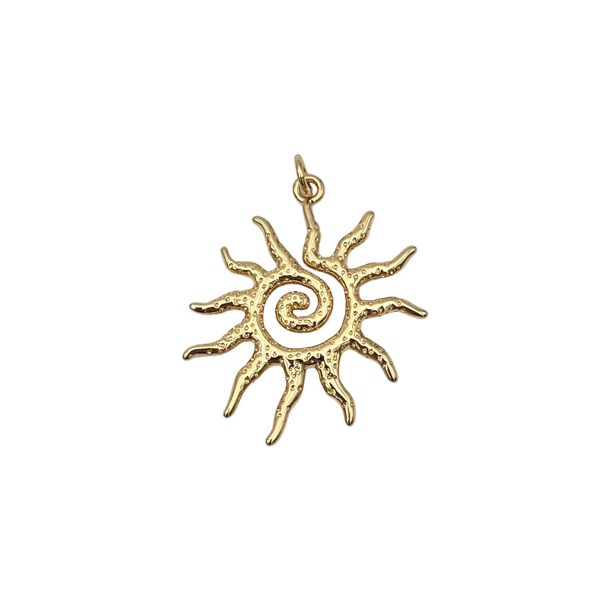 Gold sun pendant with spiral center, wavy textured rays by HOLST+LEE