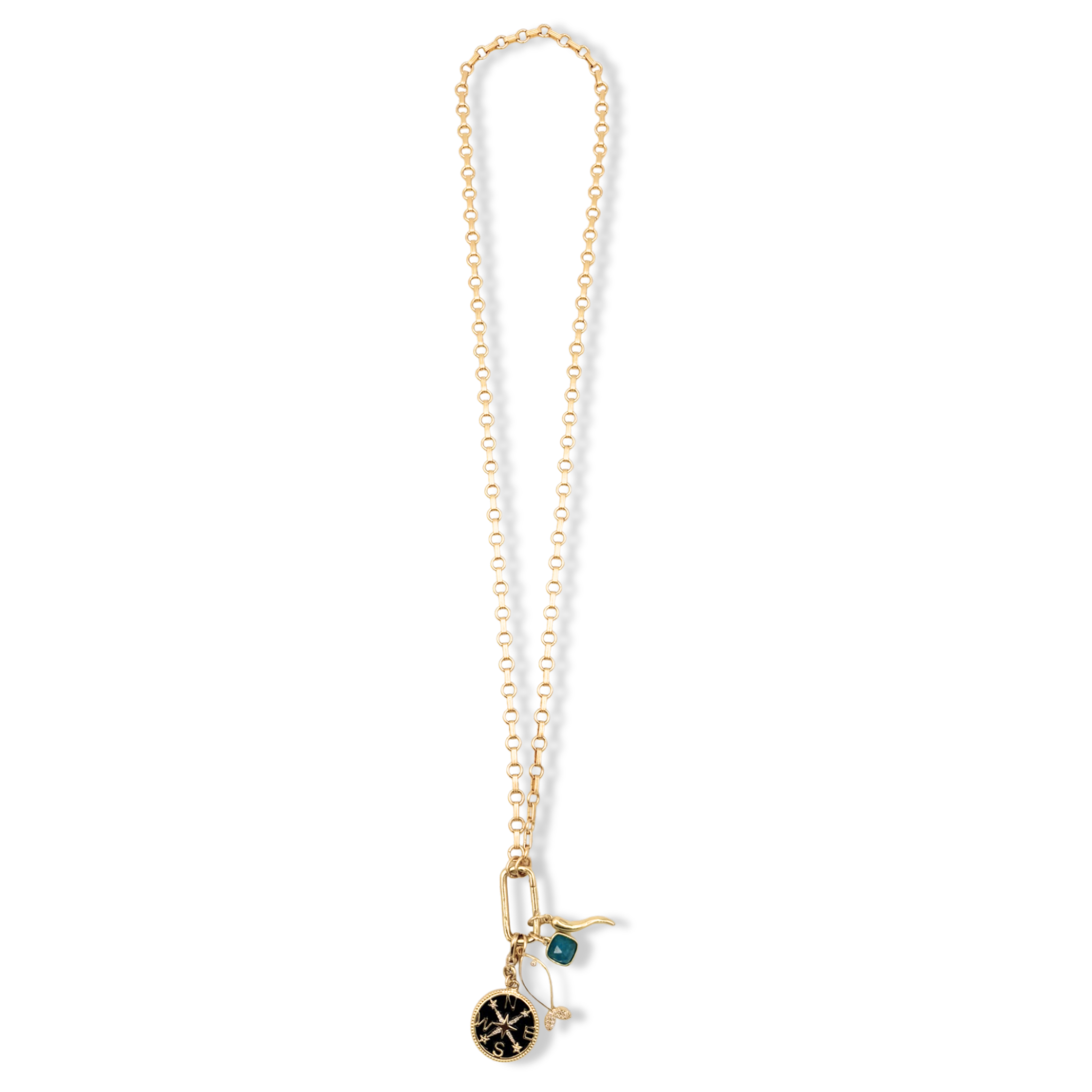 Long gold rolo chain necklace with compass charm, turquoise stone, and fish pendant by HOLST+LEE