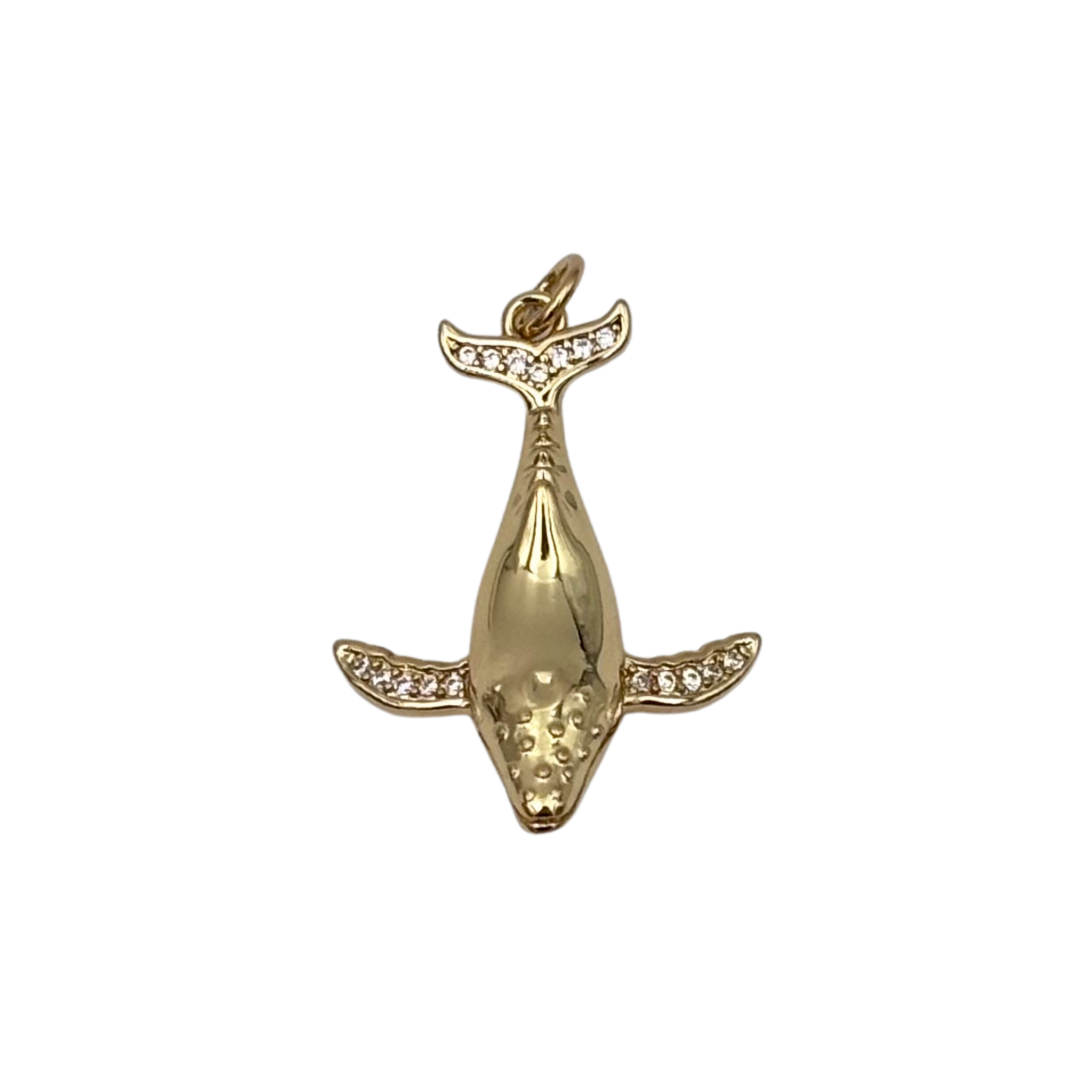 Gold whale charm with pavé rhinestone tail fluke and pectoral fins, polished body by HOLST+LEE