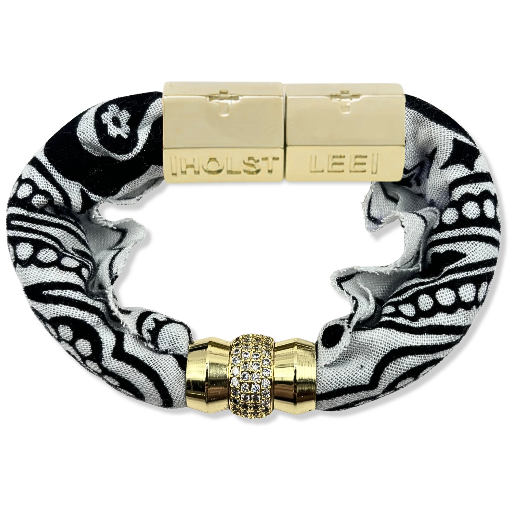 White bandana print fabric bracelet with 18K gold-filled magnetic clasped bracelet and pavé crystal ferrule by HOLST+LEE