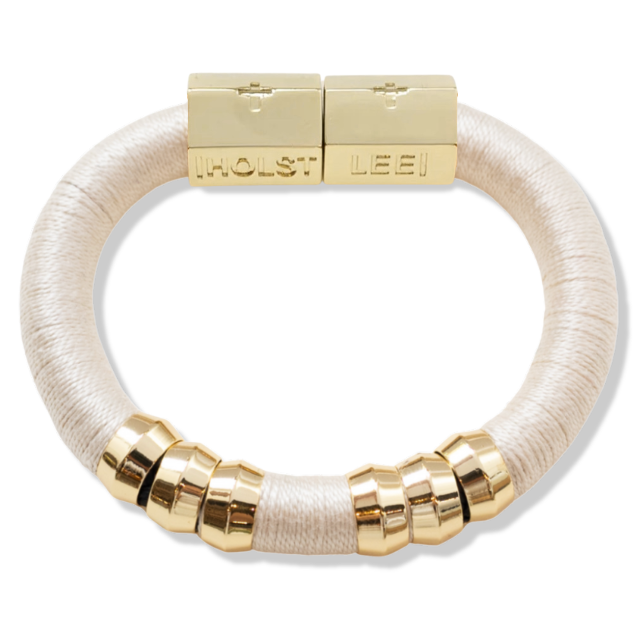 White thread wrapped bracelet with 18K gold-filled magnetic clasped bracelet and gold ferrule accents by HOLST+LEE