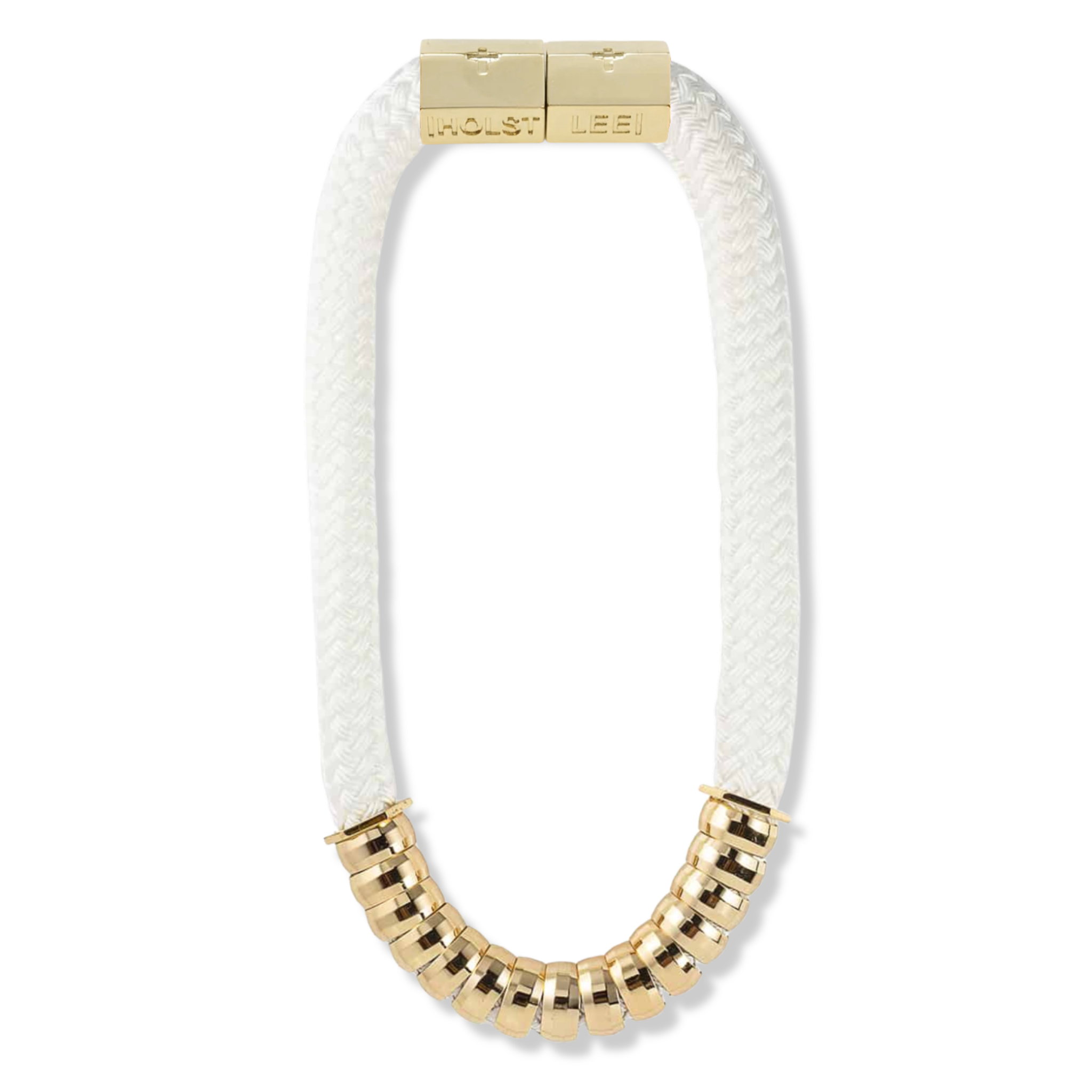 White braided rope necklace with multicolor enamel and gold ferrule stack and gold magnetic clasped necklace by HOLST+LEE