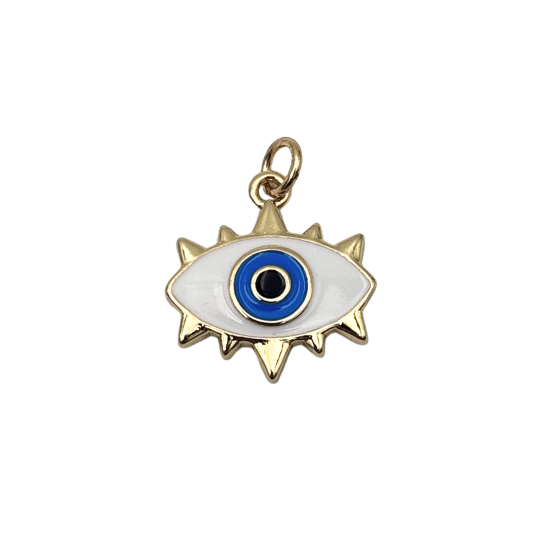 White enamel evil eye charm with white iris, black pupil, and gold spike border on gold bail