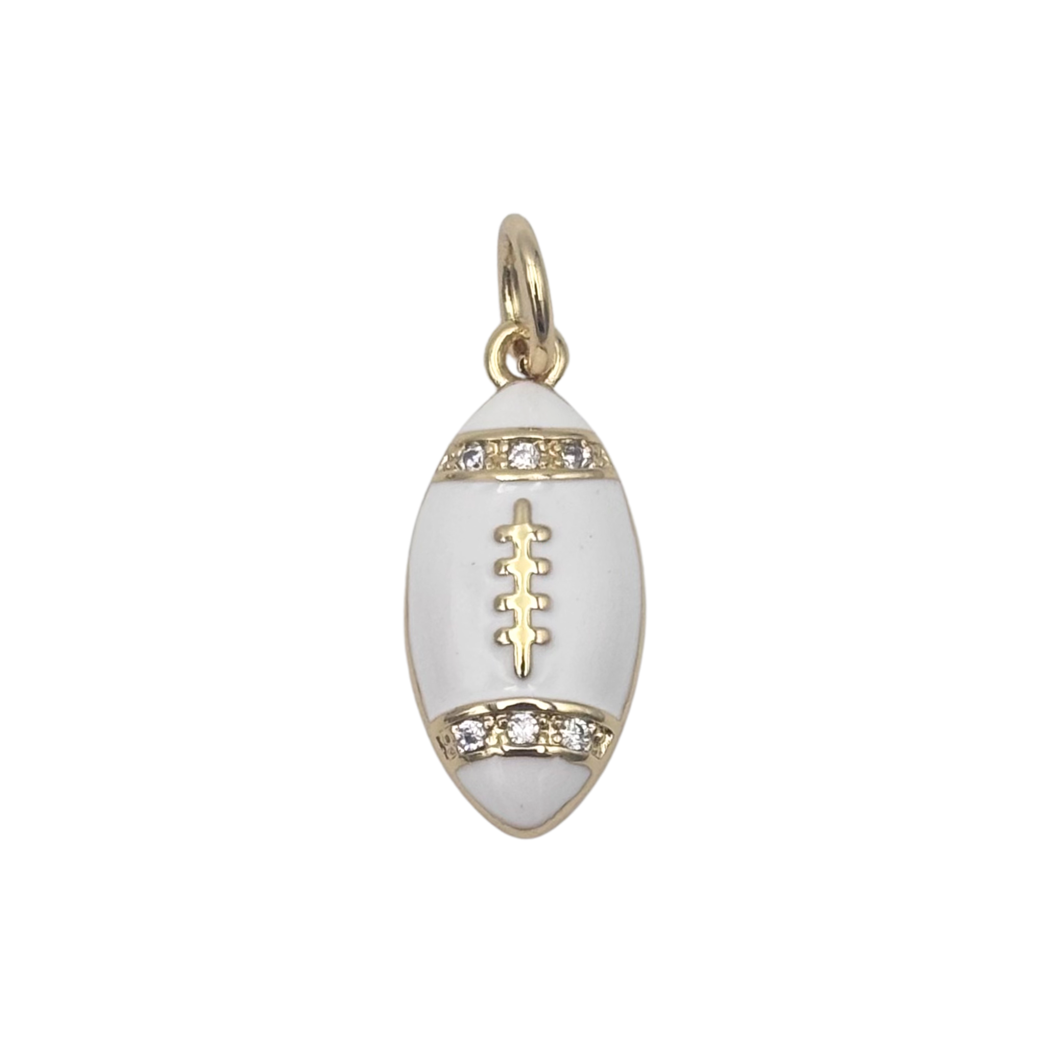 White enamel football charm with gold lace detail and pavé rhinestone bands at each tip by HOLST+LEE