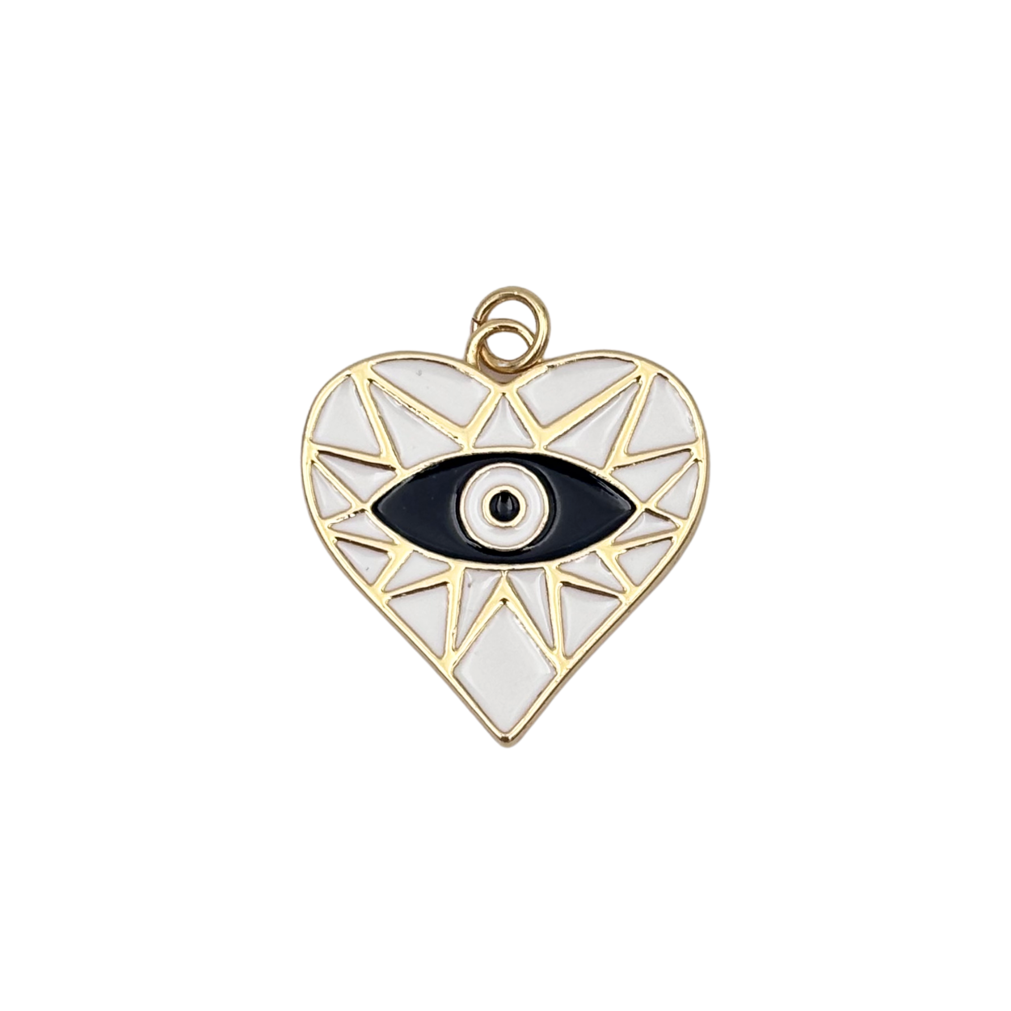 Gold-rimmed white geometric enamel heart charm with central white evil eye motif