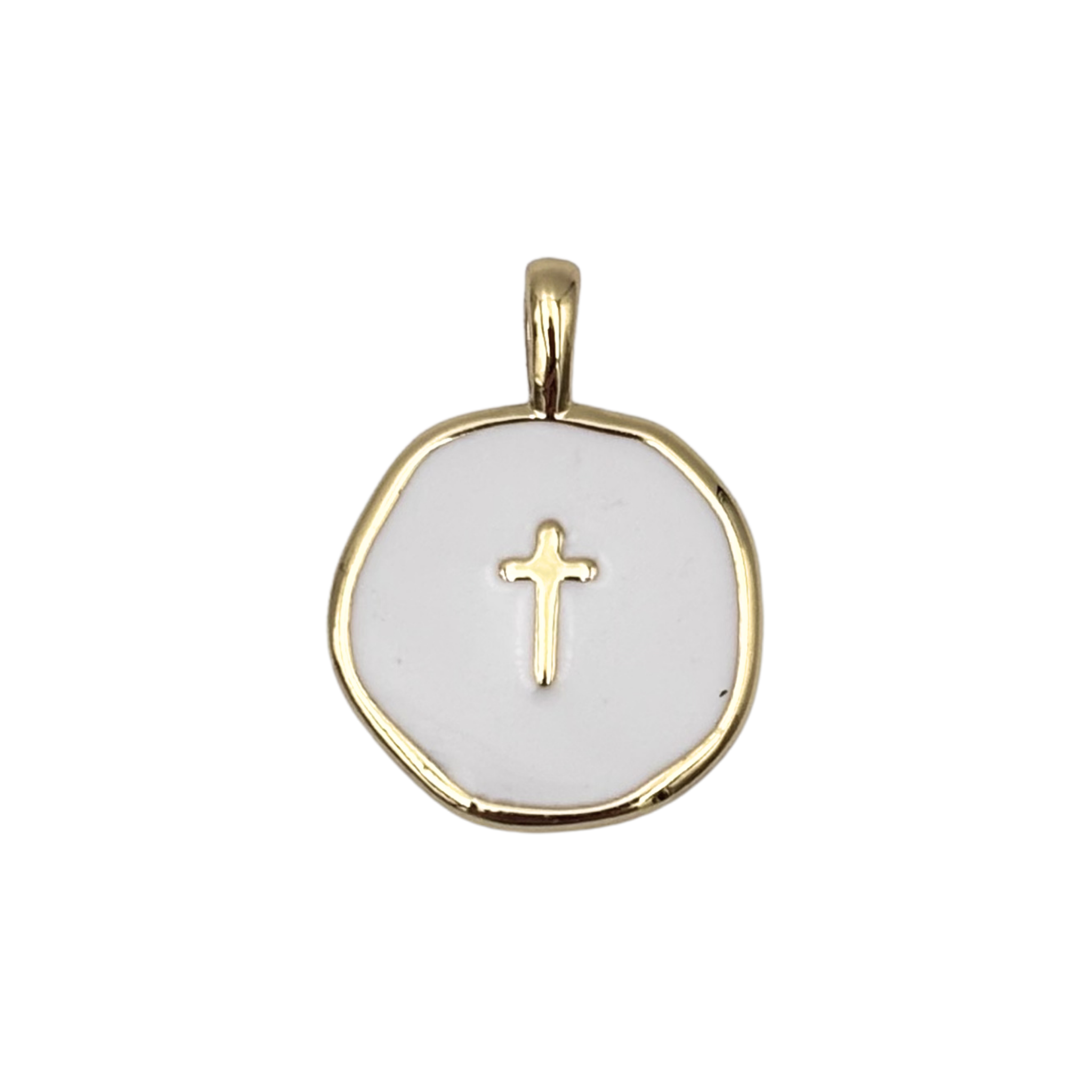 Gold round medallion pendant with swirled white enamel face, raised gold cross by HOLST+LEE