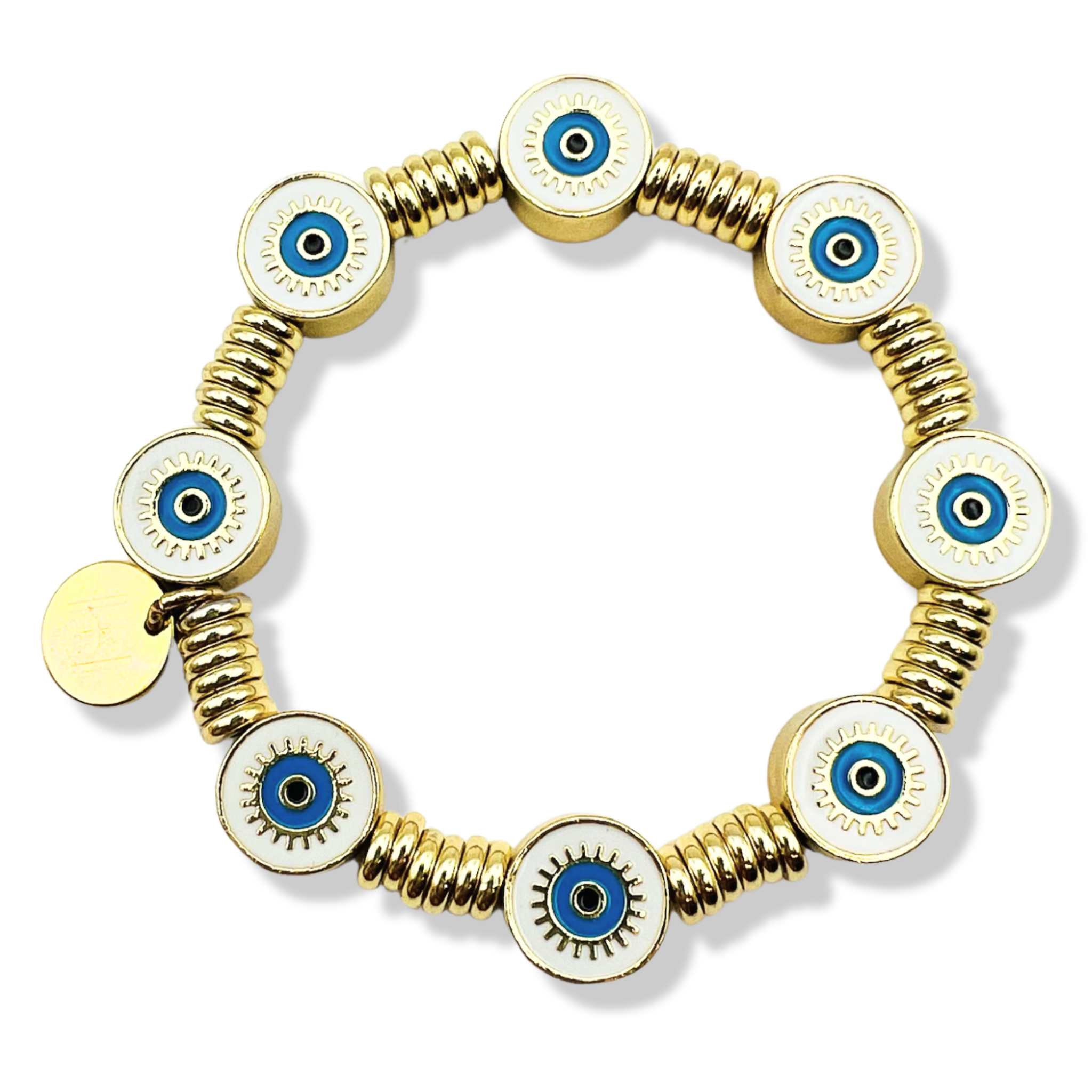 White and gold evil eye bracelet with blue enamel eye beads, gold rondelle spacers by HOLST LEE