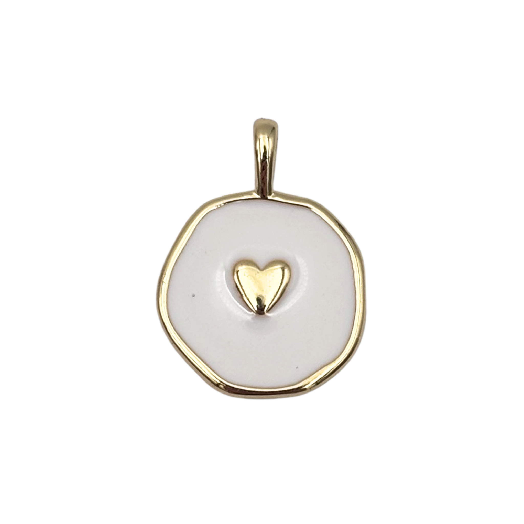 Gold round medallion pendant with swirled white enamel face, raised gold heart by HOLST+LEE