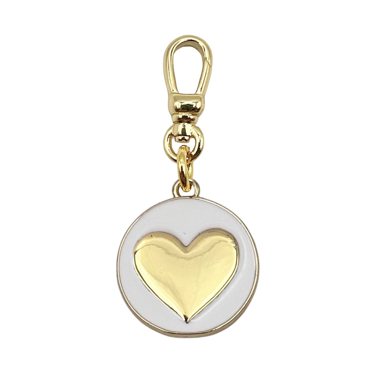 Round white enamel medallion charm with a gold heart center, set in a gold bezel with gold charm clip by HOLST+LEE