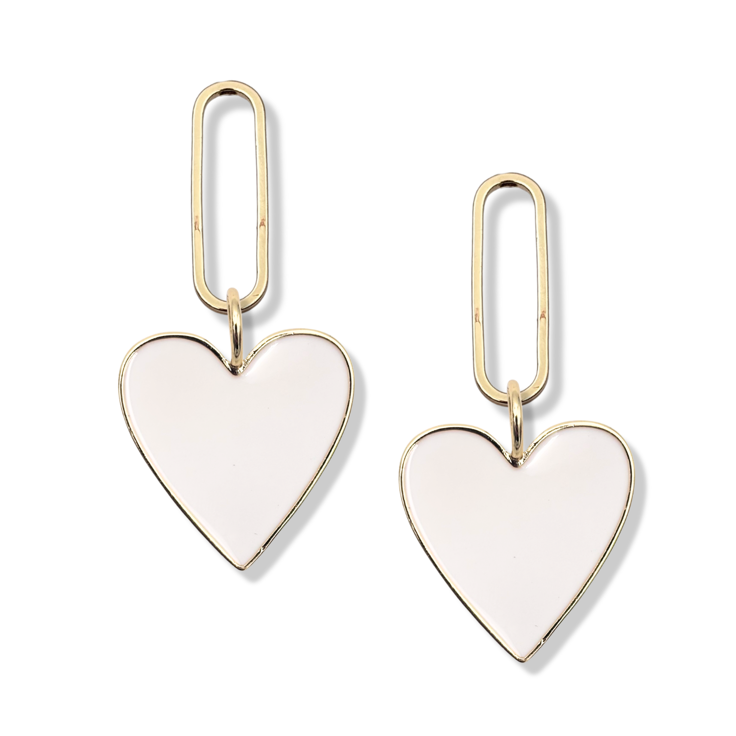 White enamel heart dangle earrings with gold paperclip oval link topper by HOLST+LEE