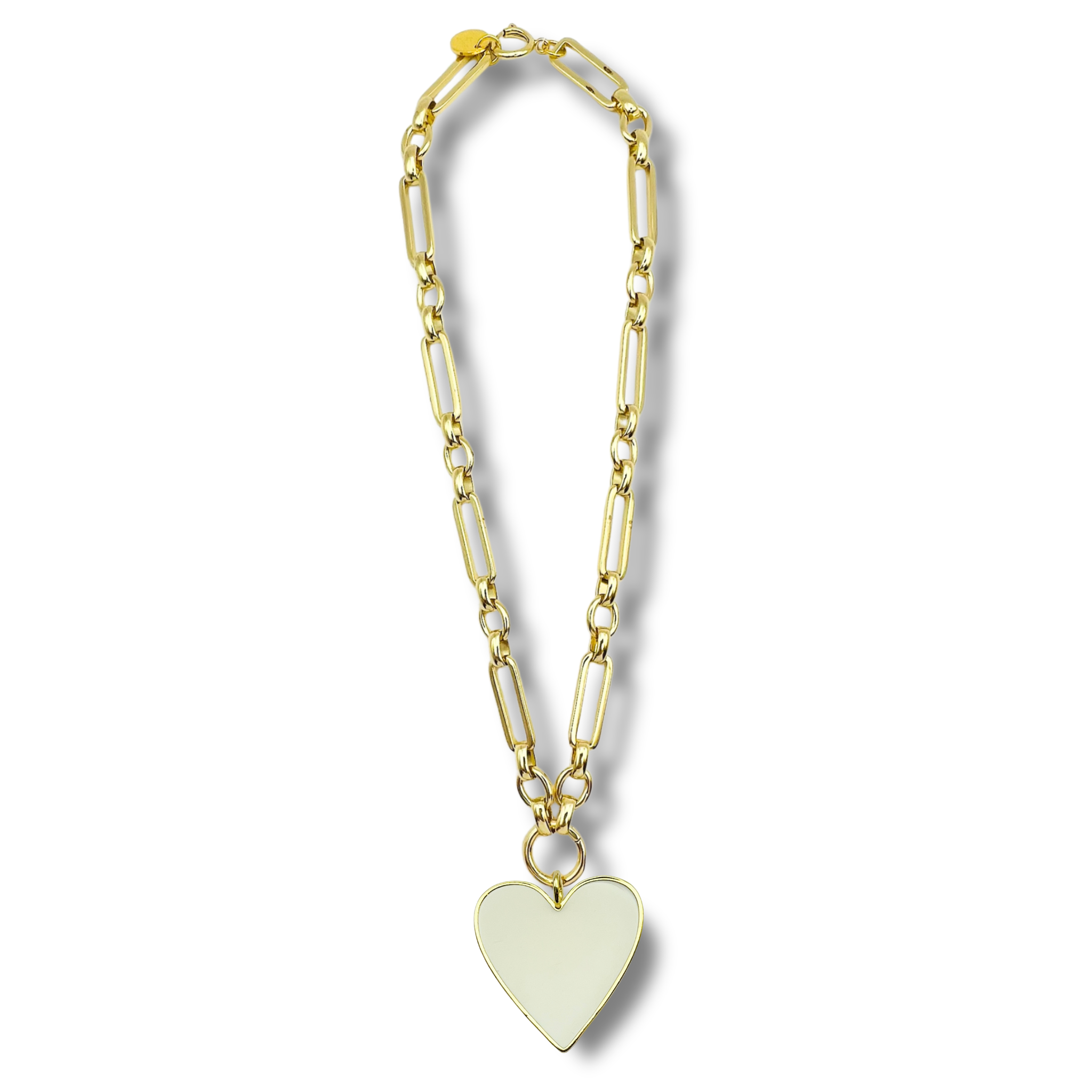 White chunky link chain necklace with large gold heart pendant by HOLST+LEE
