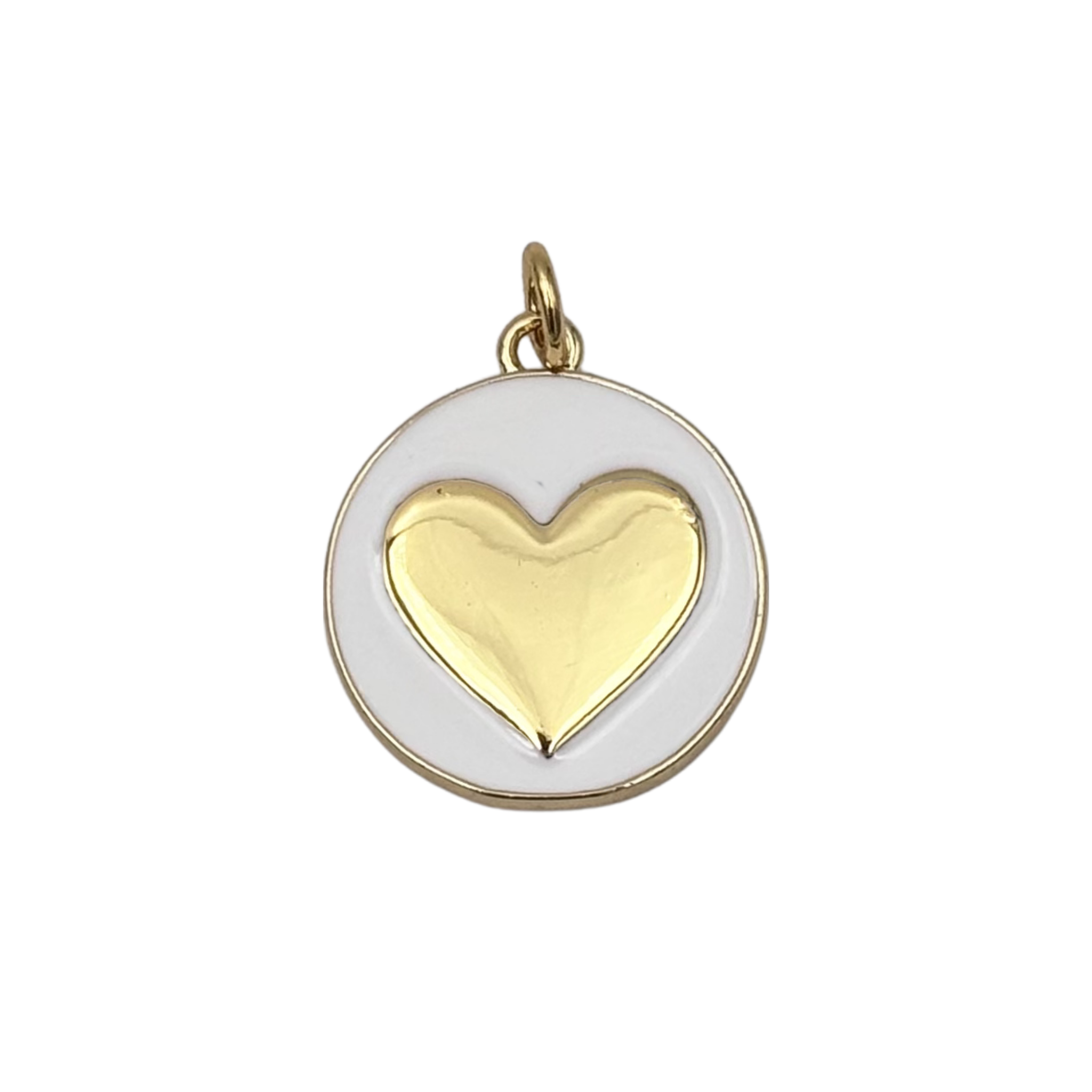 Gold round medallion charm with white enamel face, raised polished gold heart by HOLST+LEE