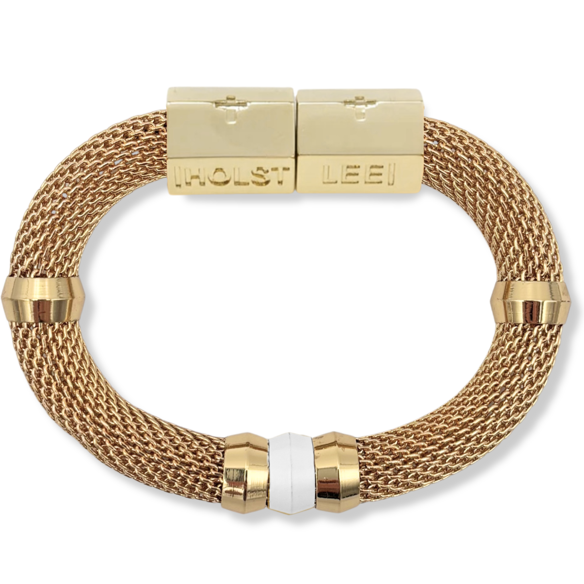 Gold woven mesh bracelet with white ferrule accent and 18K gold-filled magnetic clasped bracelet by HOLST+LEE