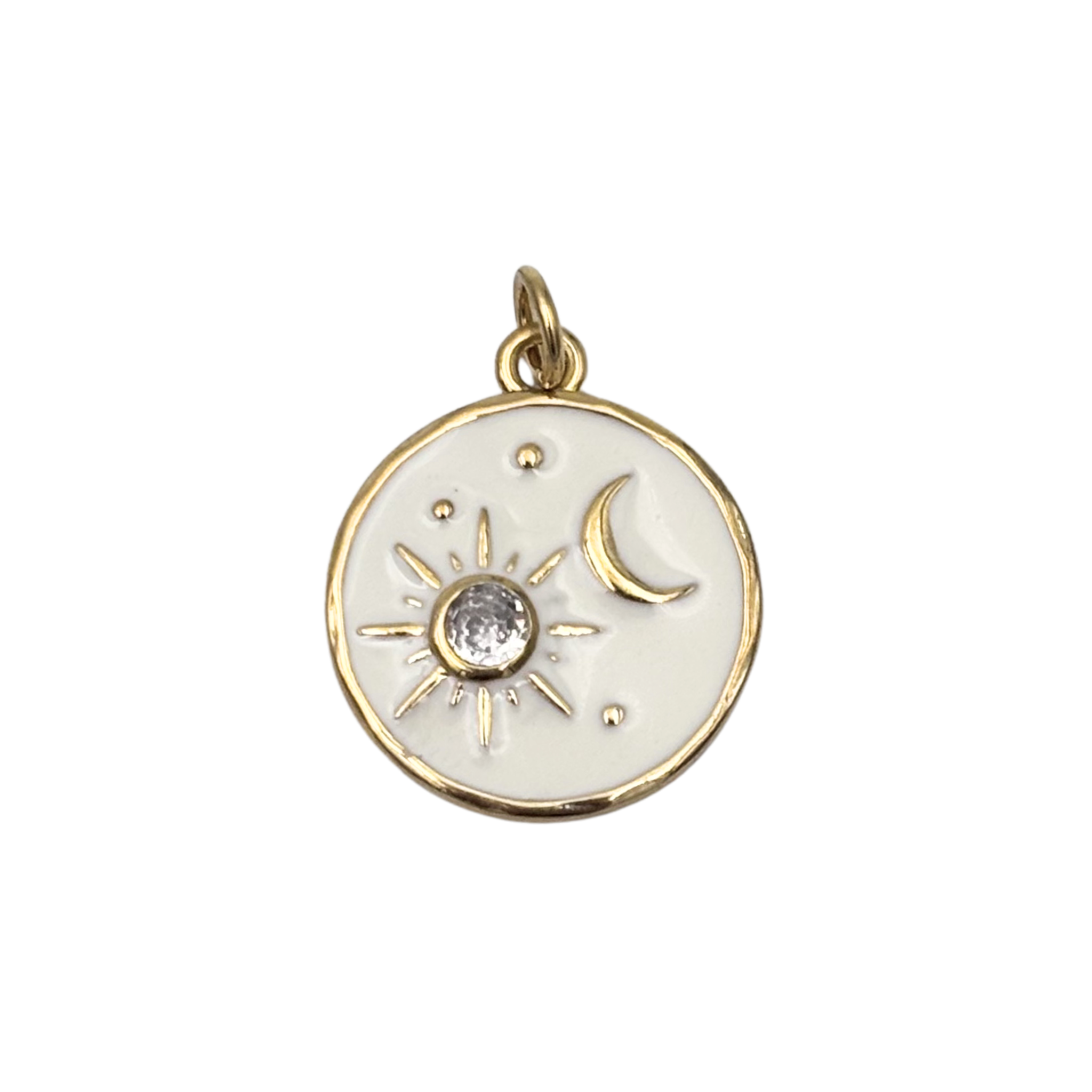 White enamel sun and moon charm with diamond center, gold celestial details by HOLST+LEE