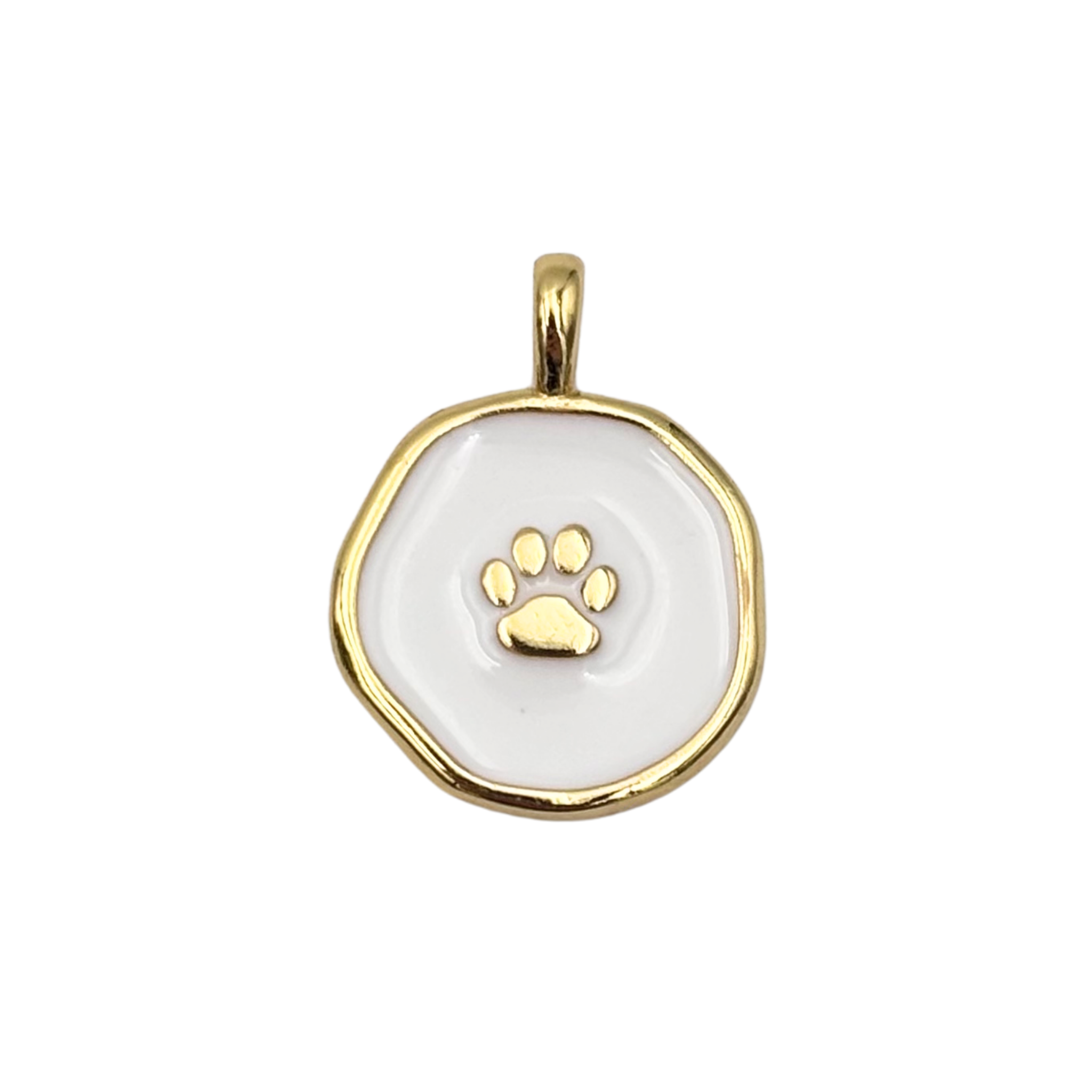 Gold round medallion pendant with swirled white enamel face, raised gold paw by HOLST+LEE