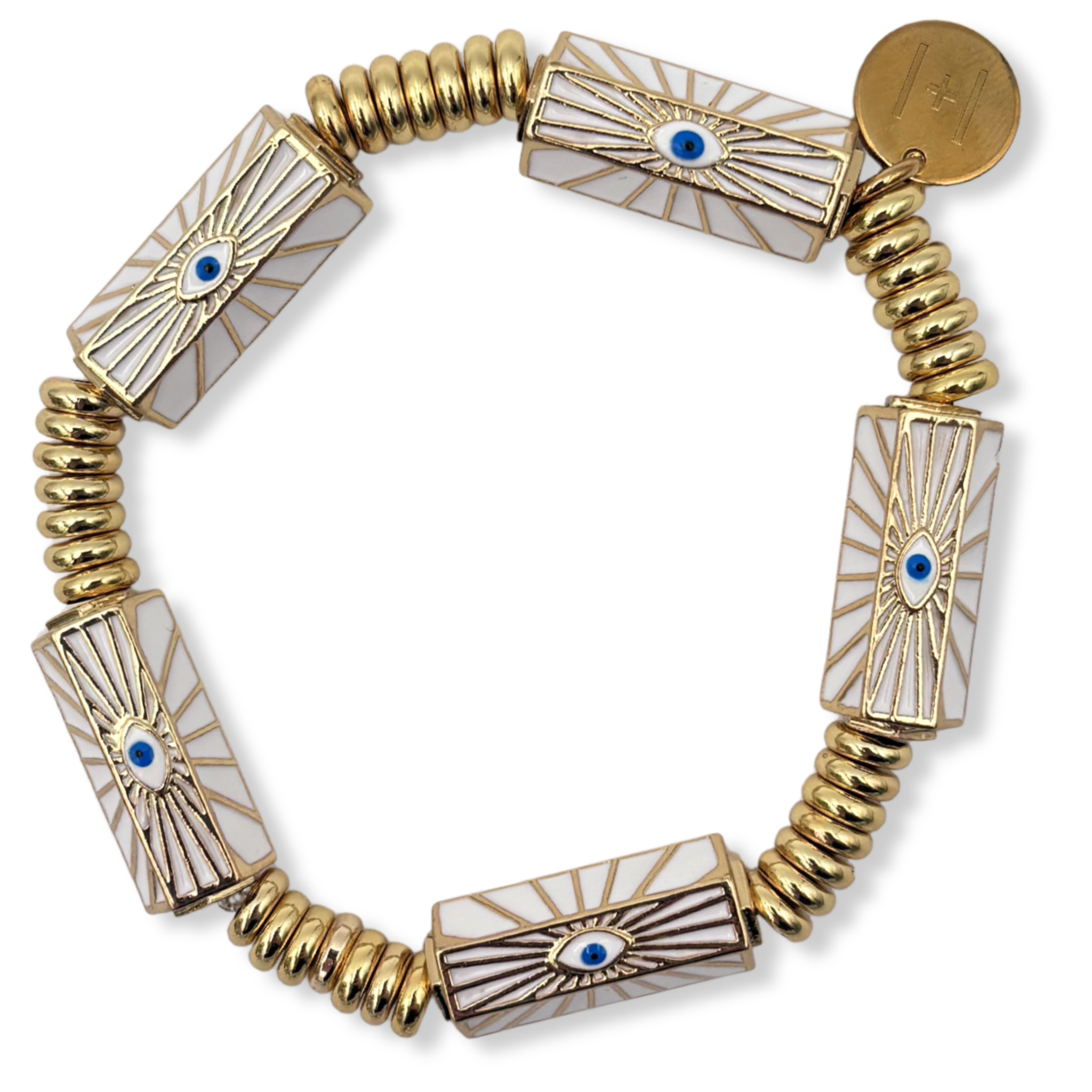 White enamel evil eye stretch bracelet with gold ribbed beads and branded coin charm by HOLST+LEE