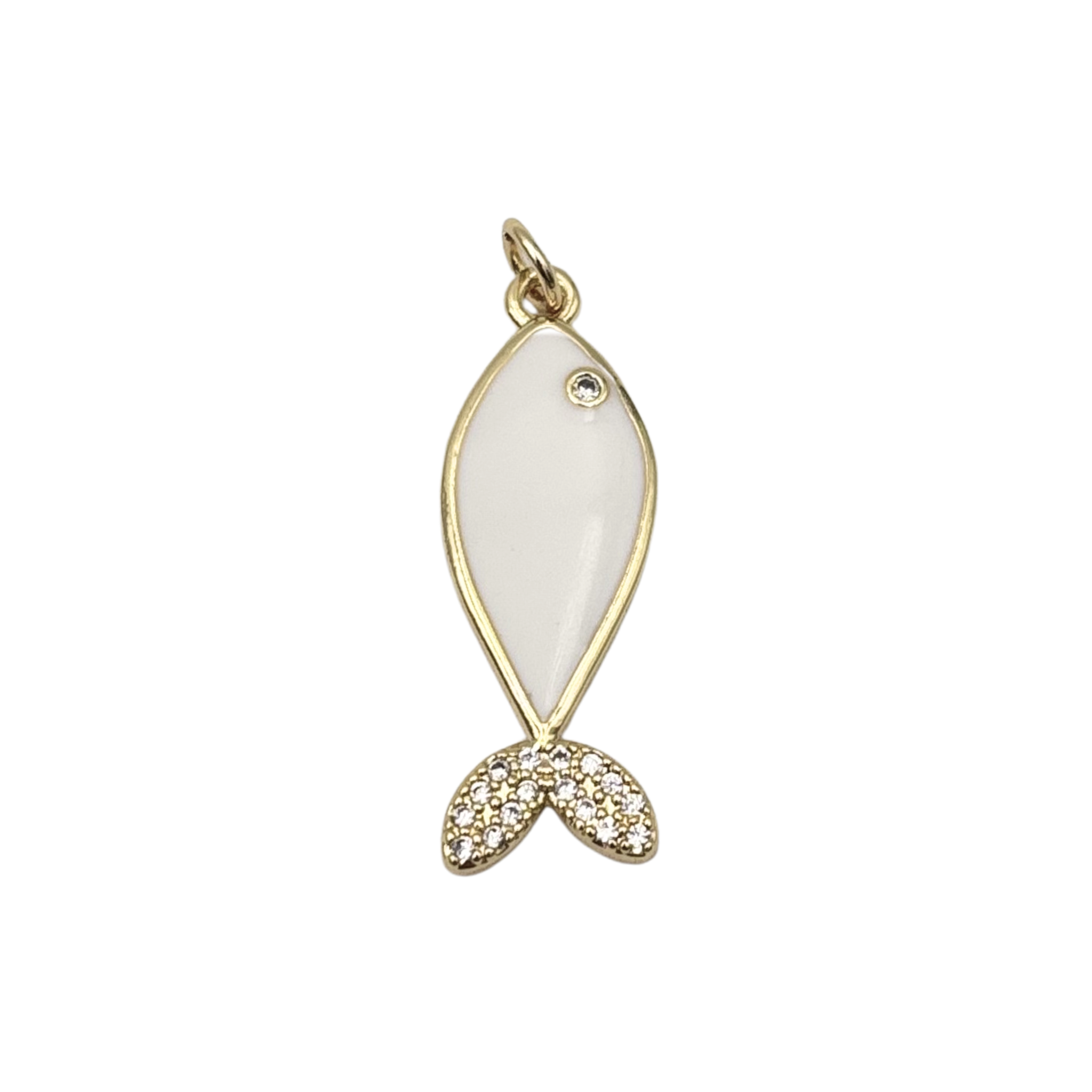 Gold fish charm pendant featuring white enamel body, rhinestone eye, and pavé crystal tail fin by HOLST+LEE