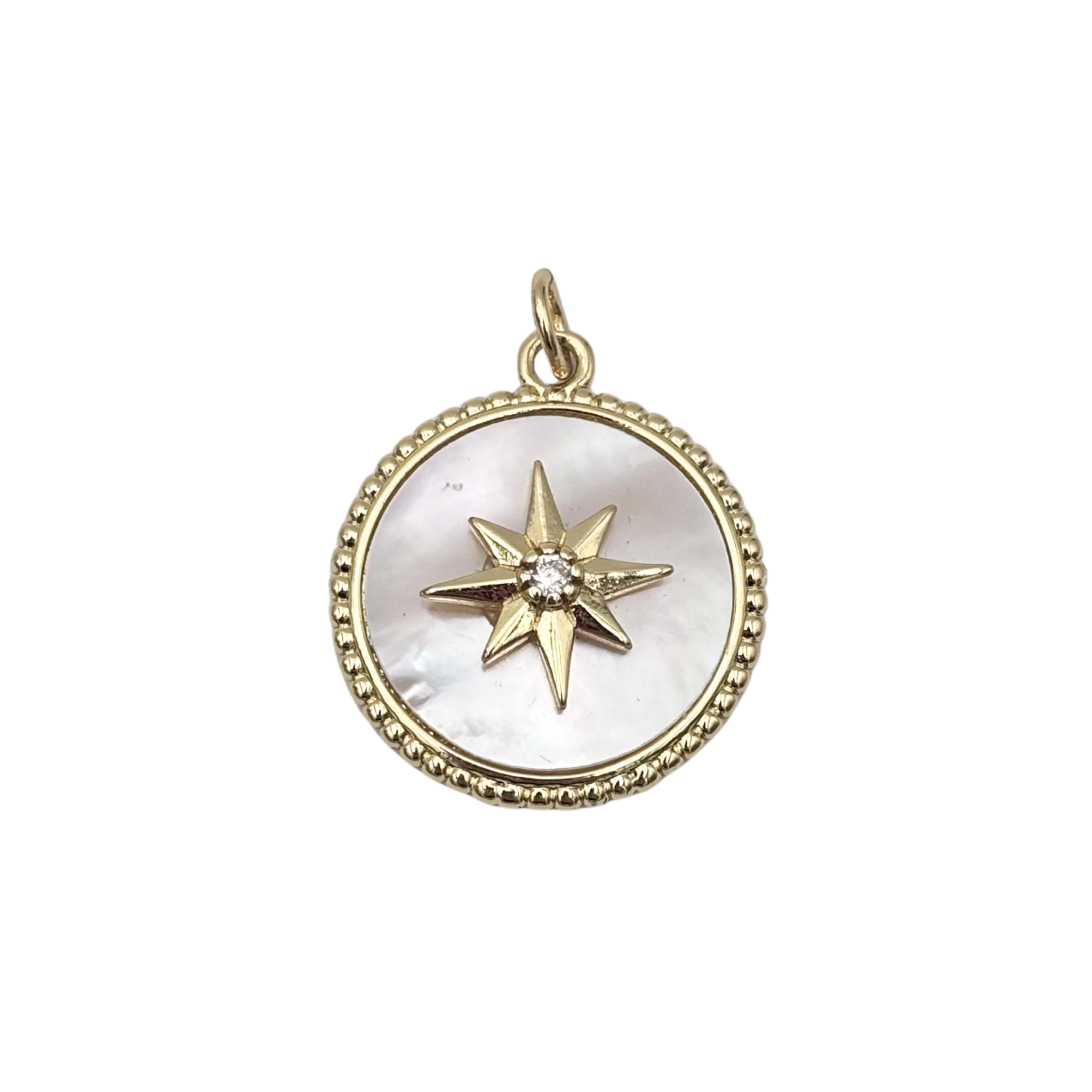 Gold round medallion pendant with mother-of-pearl face, raised eight-point star, single crystal center, beaded border by HOLST+LEE