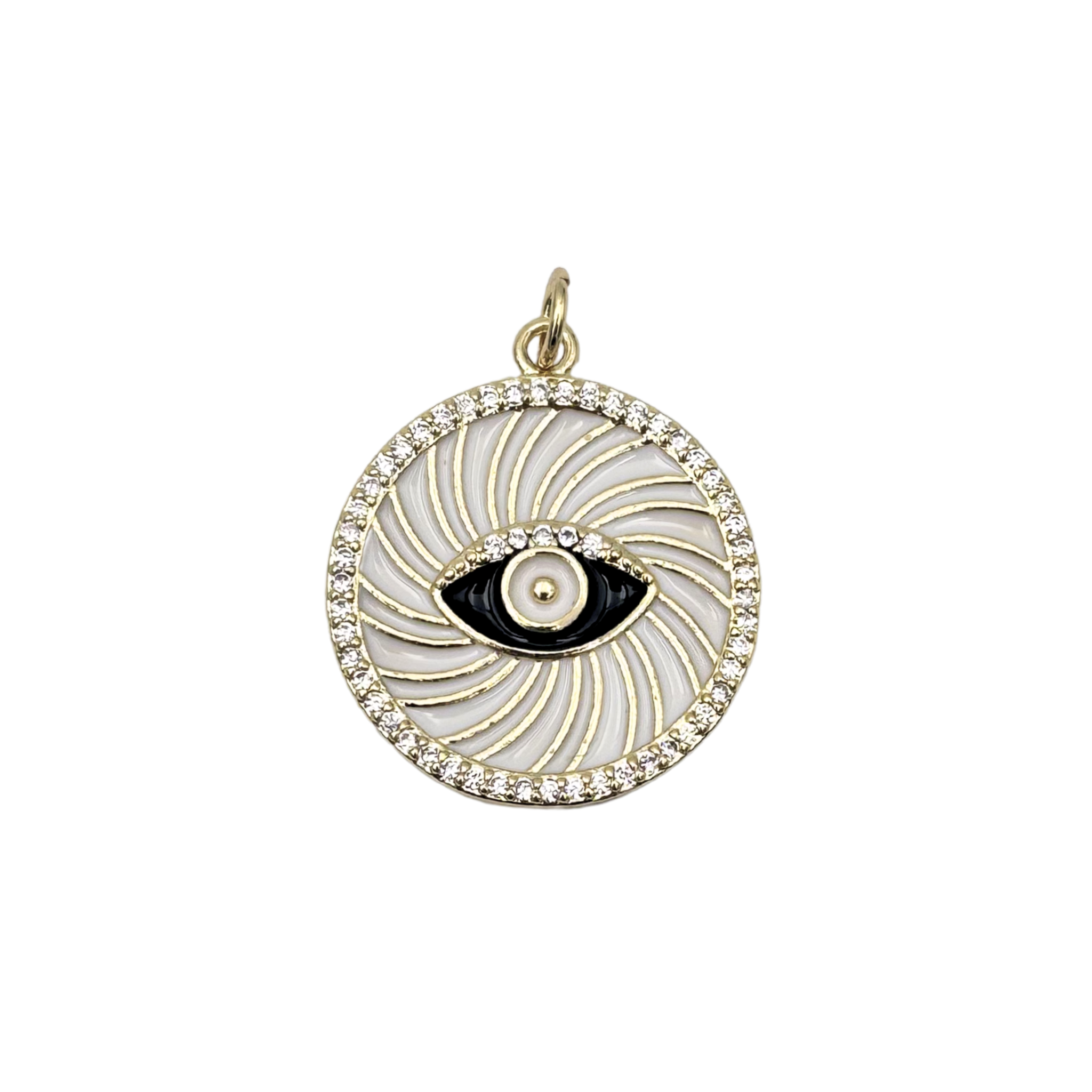 White enamel evil eye medallion with gold swirl pattern, black eye detail, and pavé diamond halo border by HOLST+LEE