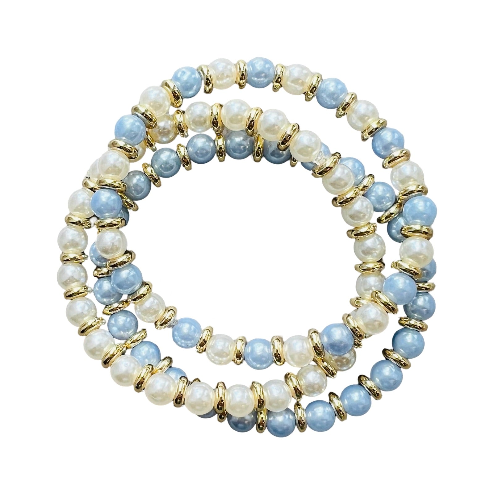Bracelet set with a combination of light blue and white beads and gold-filled hardware by HOLST+LEE