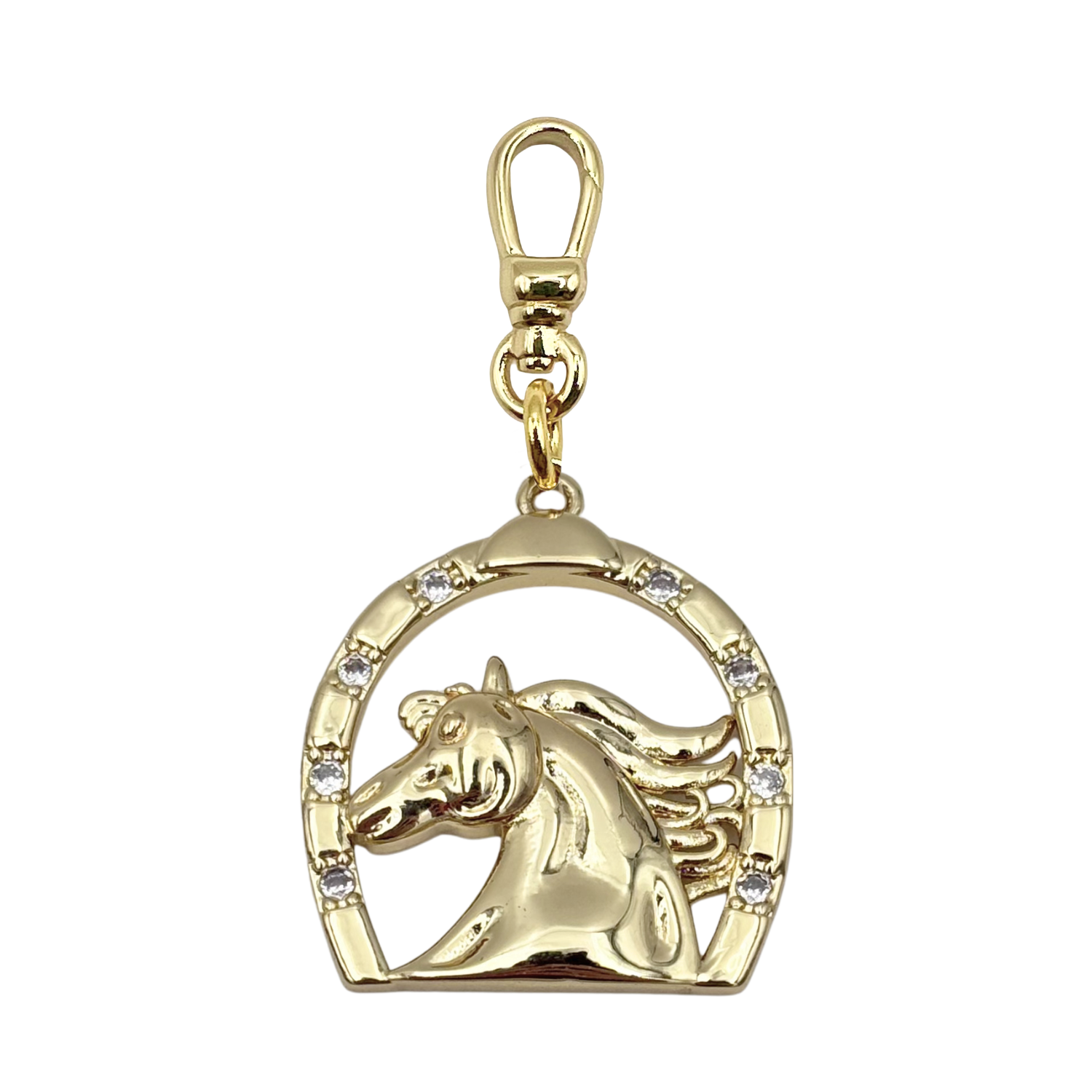 Gold horse head within horseshoe charm with diamond accents with a gold charm clip by HOLST+LEE