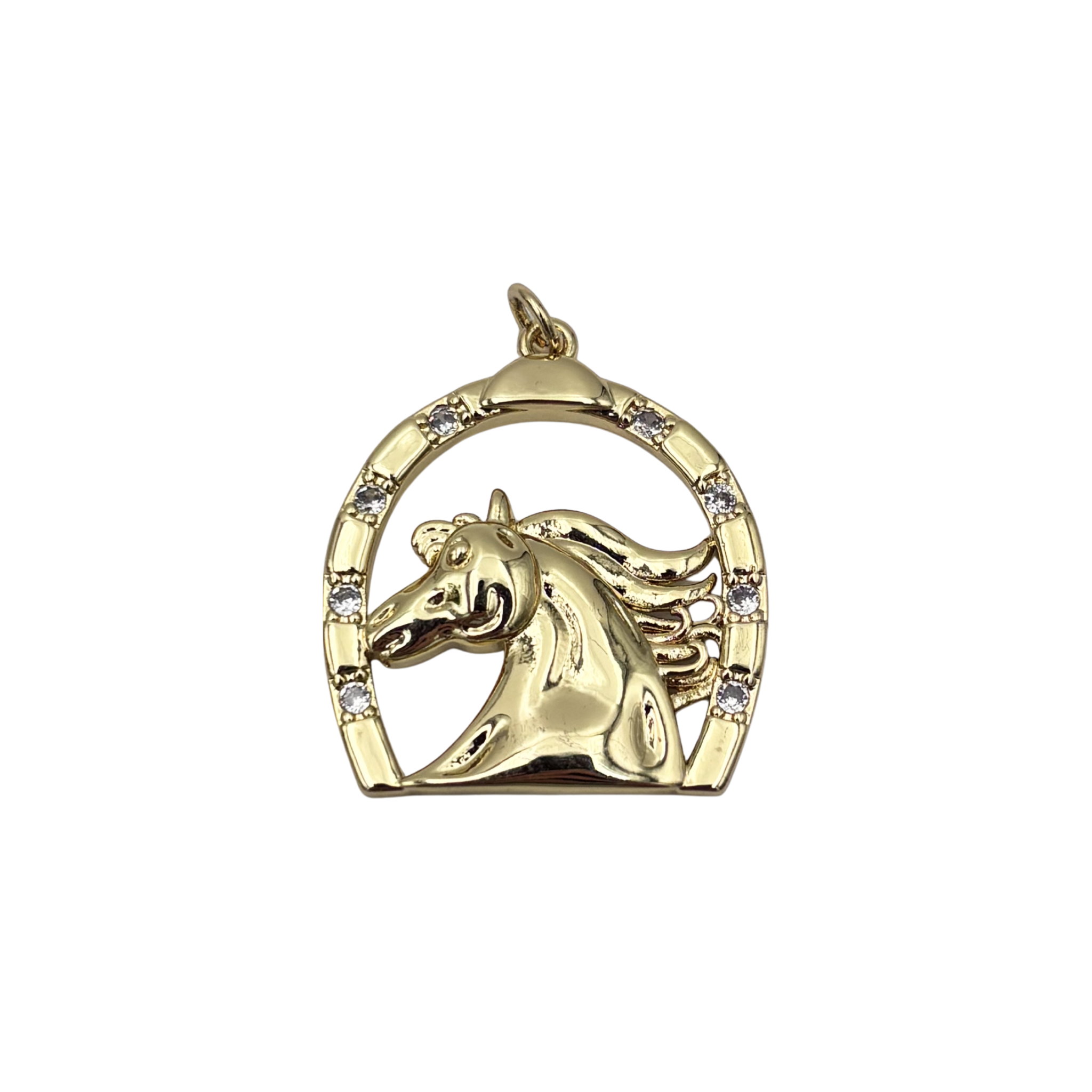 Gold horse head pendant with flowing mane, framed by pavé crystal horseshoe by HOLST+LEE