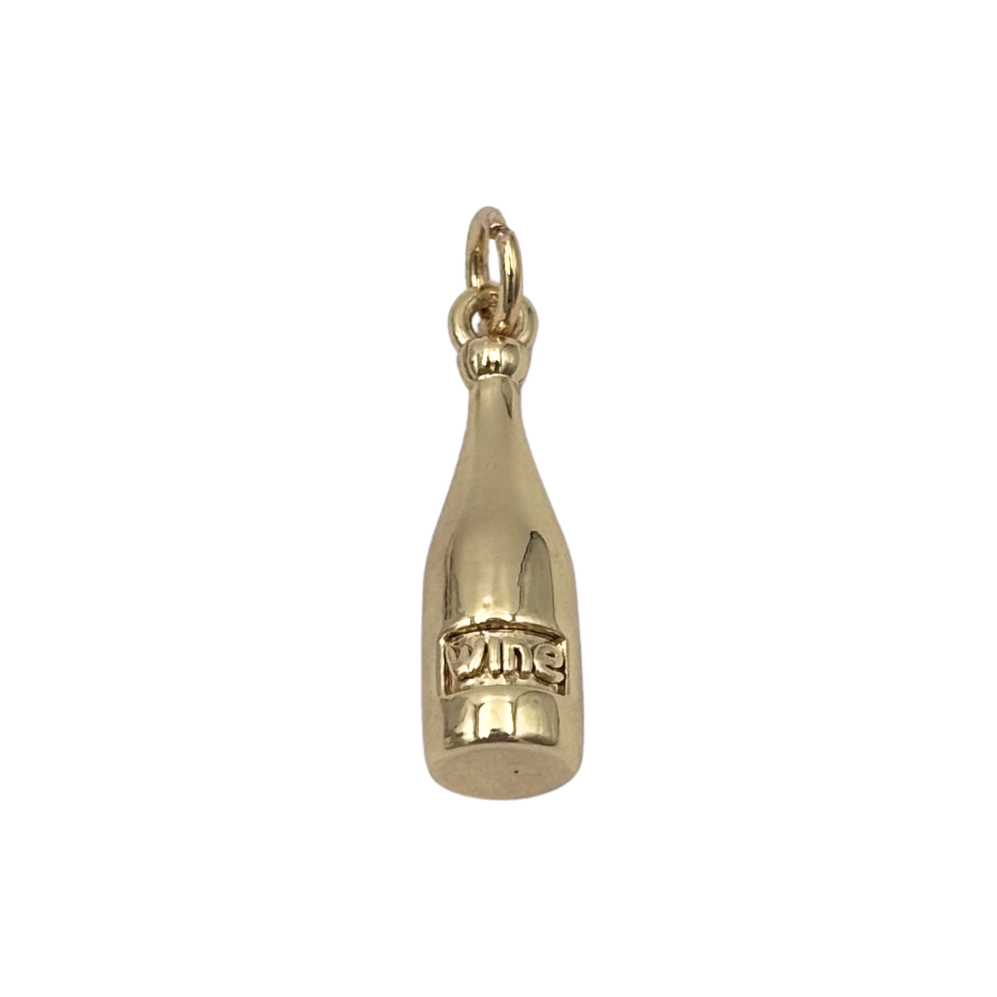 Gold wine bottle charm with engraved "wine" label, polished body by HOLST+LEE