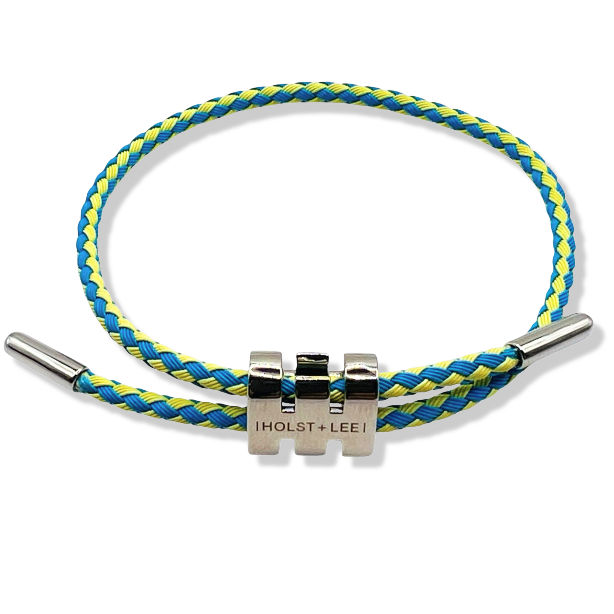Yellow and blue braided rope bracelet with silver sliding clasp by HOLST+LEE