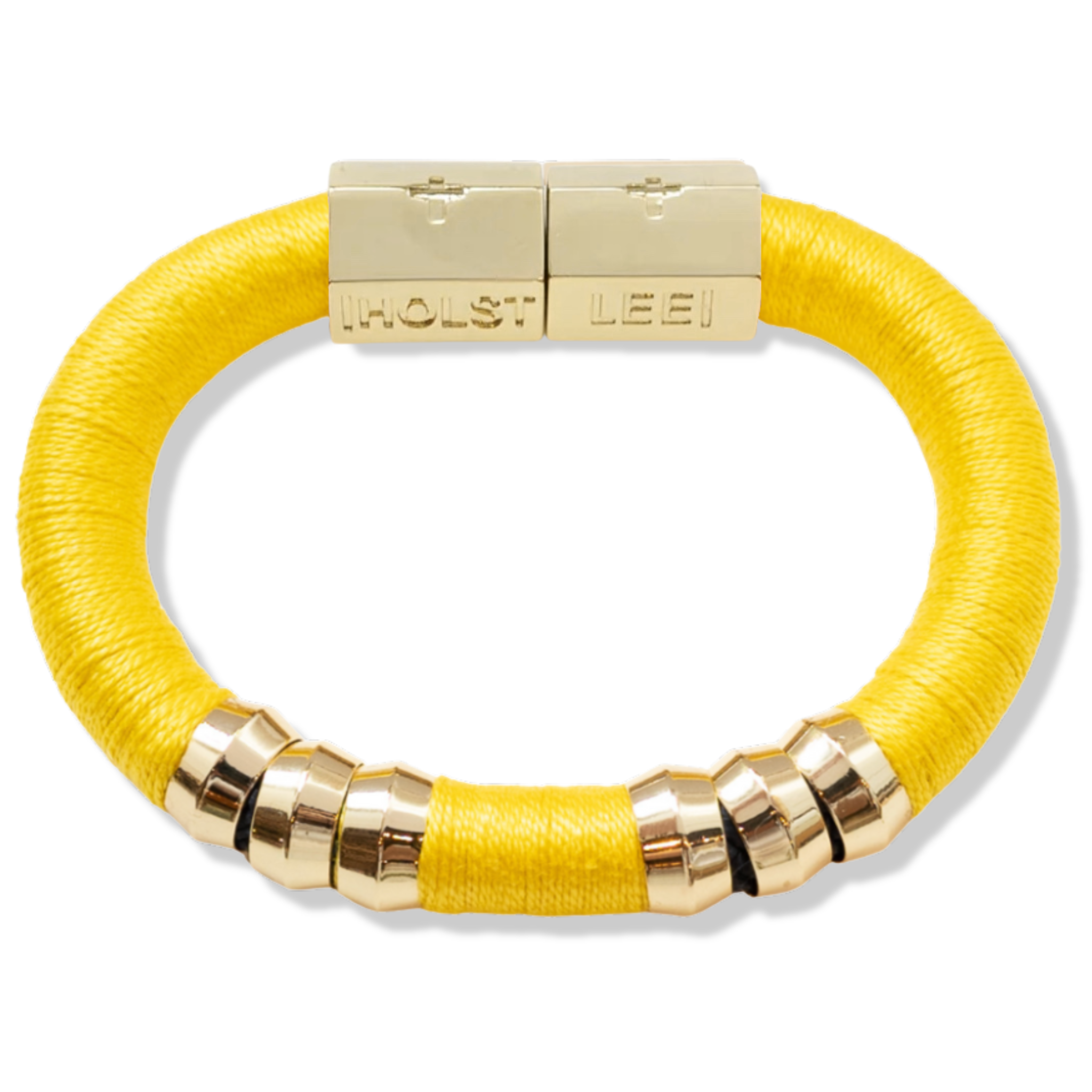 Yellow thread wrapped bracelet with 18K gold-filled magnetic clasped bracelet and gold ferrule accents by HOLST+LEE