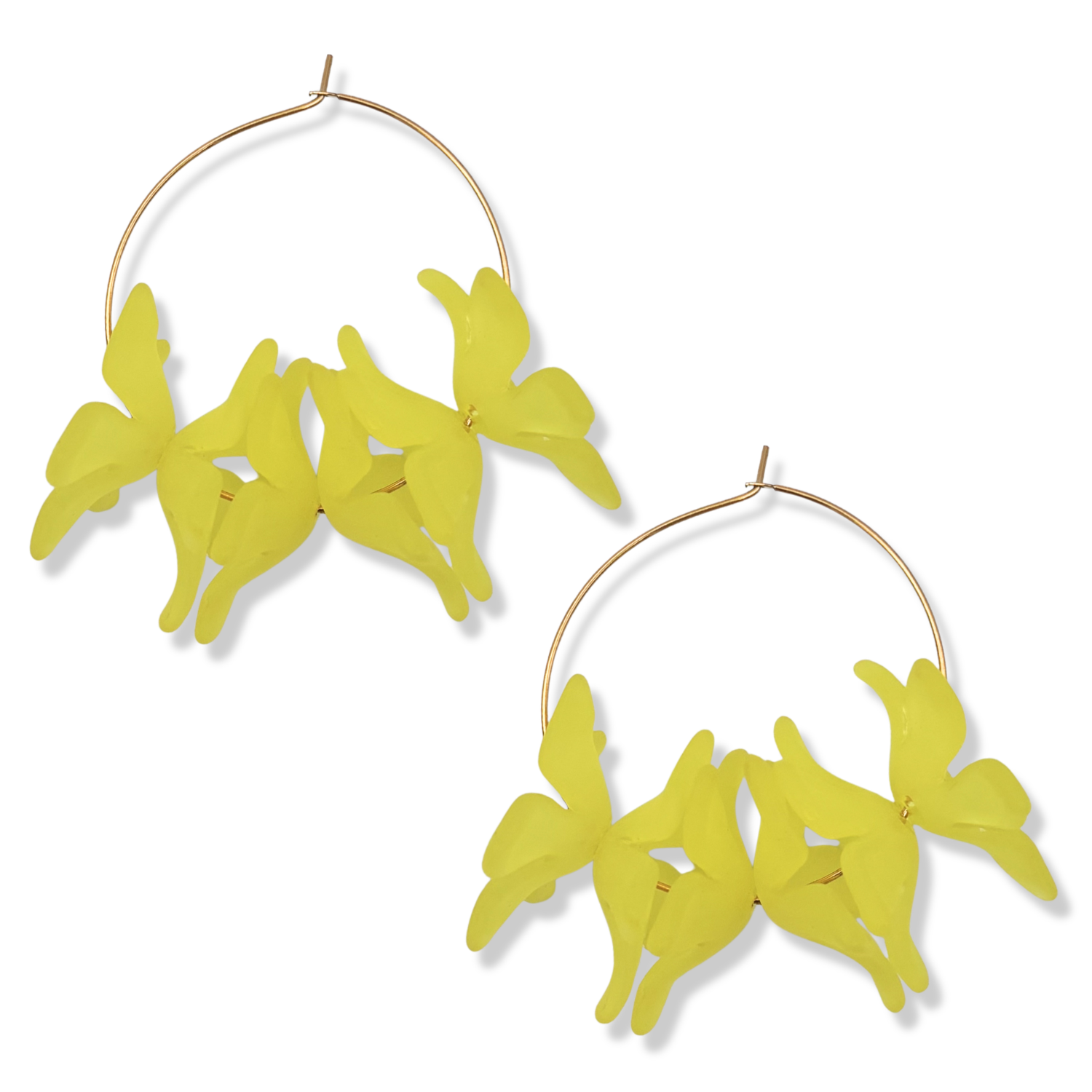 Yellow resin floral cluster hoop earrings with translucent yellow orchid-style blooms on a thin gold hoop by HOLST+LEE