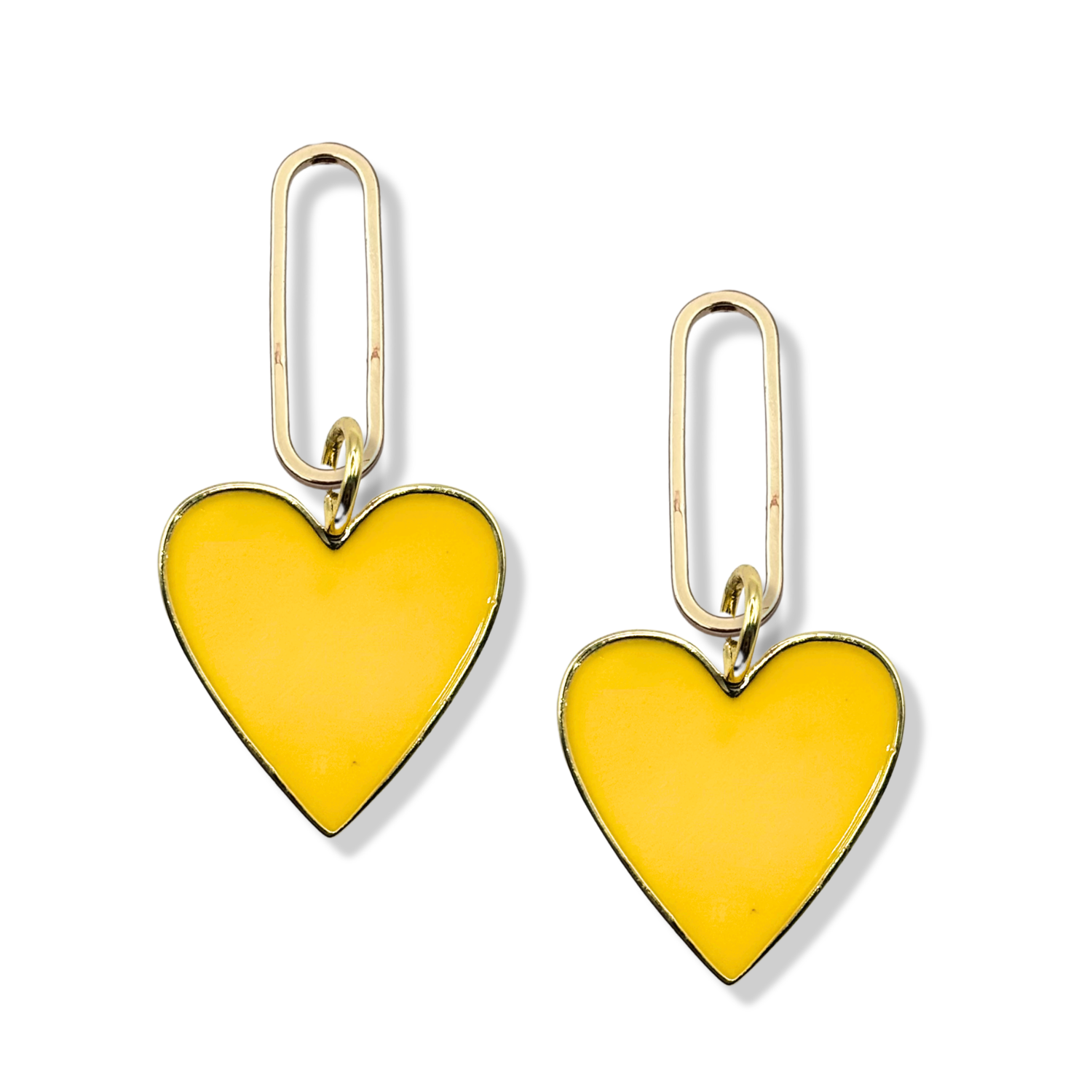 Yellow enamel heart dangle earrings with gold paperclip oval link topper by HOLST+LEE