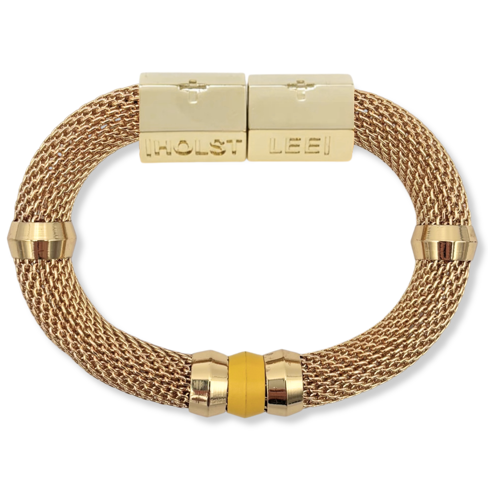 Gold woven mesh bracelet with yellow ferrule accent and 18K gold-filled magnetic clasped bracelet by HOLST+LEE