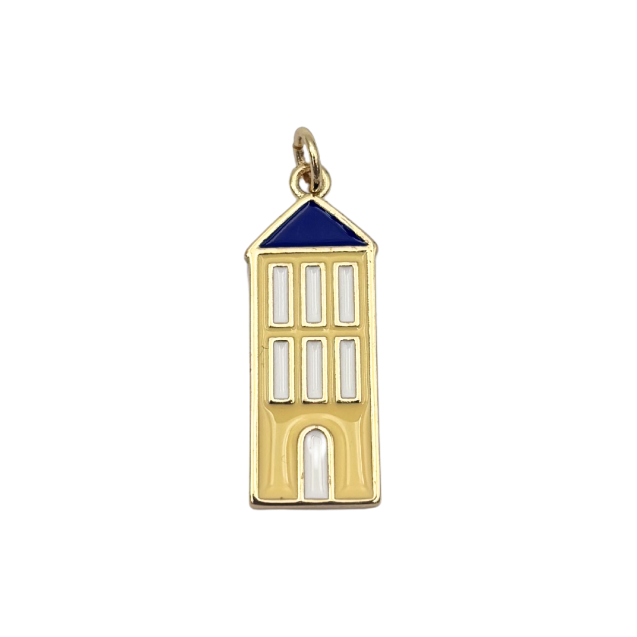 Yellow and navy enamel city building charm with gold frame and white window details by HOLST+LEE