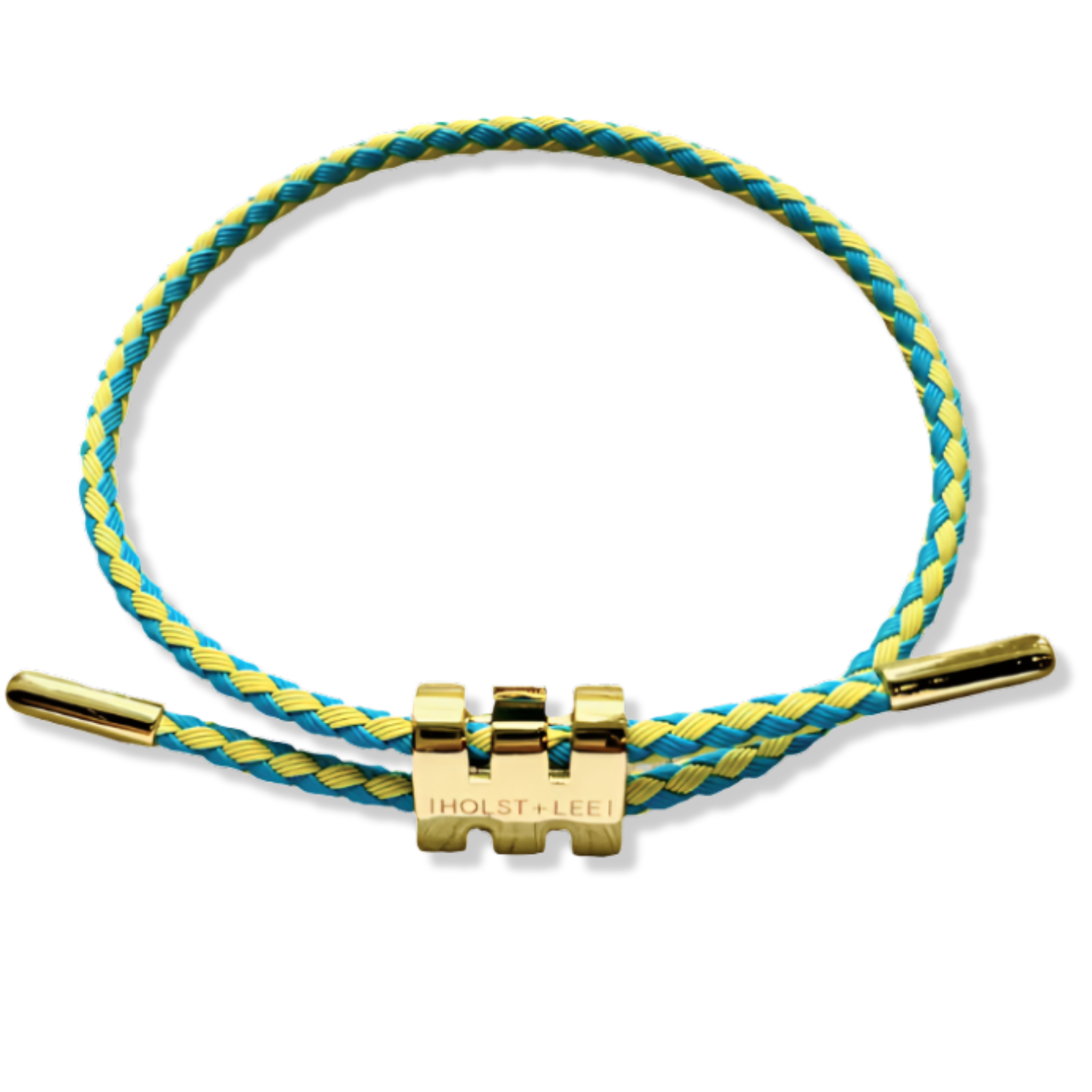 Yellow and turquoise braided rope bracelet with gold sliding clasp by HOLST+LEE